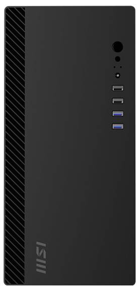 Ein schlanker, schwarzer Desktop-Tower mit USB-Anschlüssen und einem Einschaltknopf auf der Frontplatte. Vertikale Streifen verleihen dem Design ein subtiles Element.