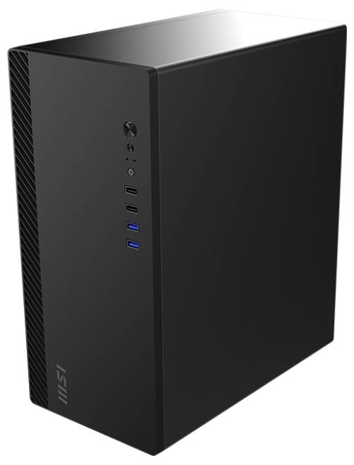 Ein schlanker, moderner schwarzer Desktop-Computerturm mit nach vorne gerichteten USB-Anschlüssen und einem Powerknopf auf dem Frontpanel.