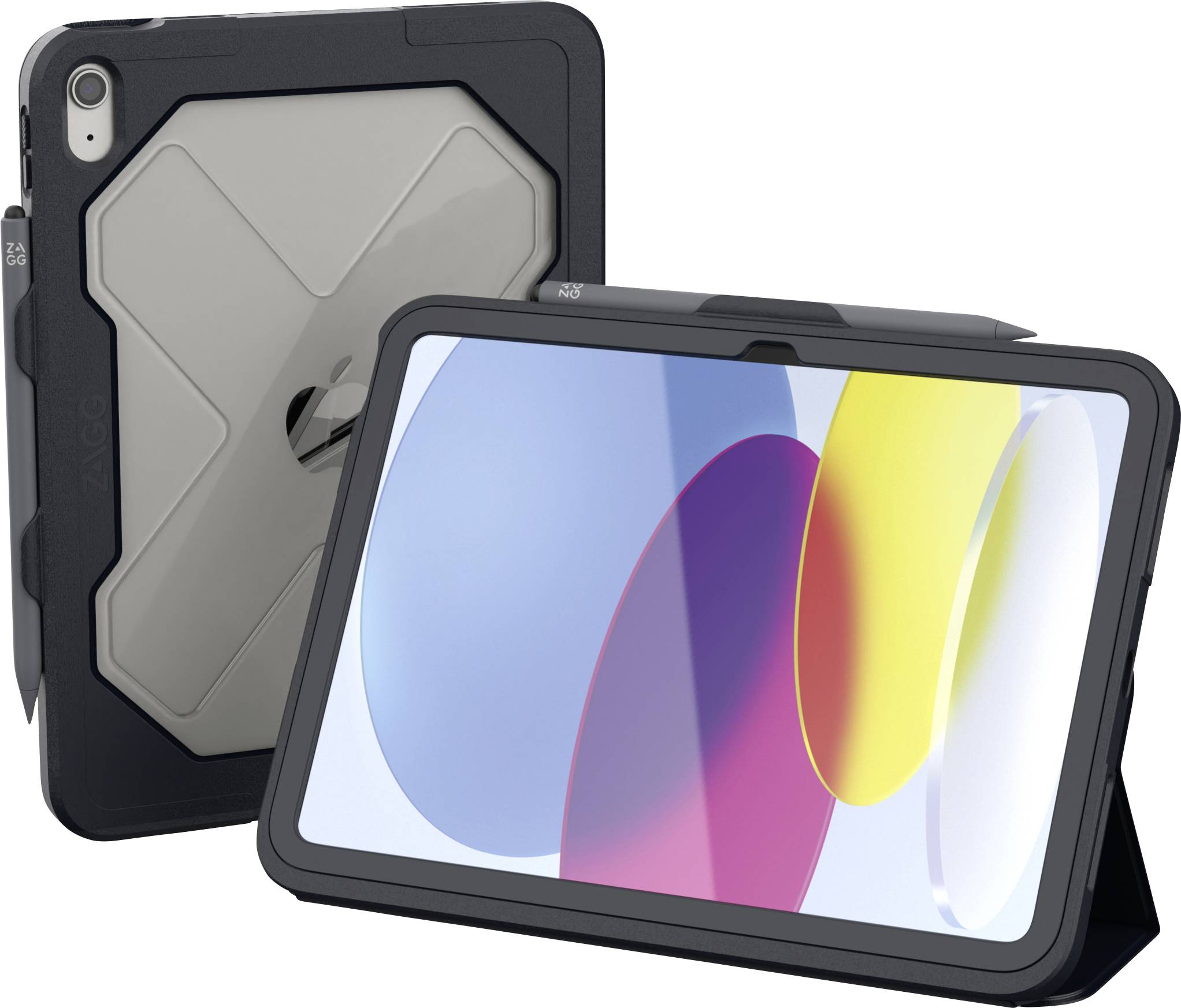 Zwei Tablets werden in dunklen Schutzhüllen gezeigt, eines mit abstrakten bunten Formen auf dem Bildschirm und das andere von der Rückseite mit einem Ständer.