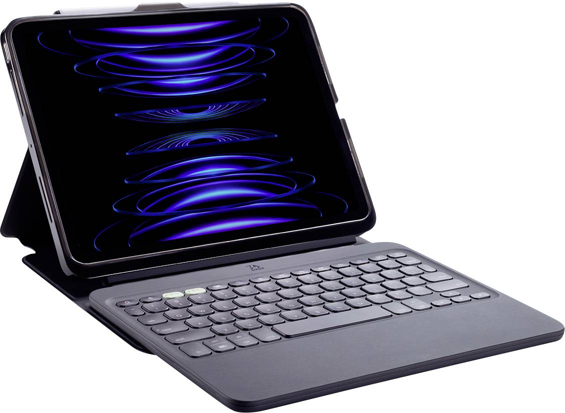 Ein Tablet mit einer schwarzen abnehmbaren Tastatur zeigt ein geometrisches blaues Muster auf seinem Bildschirm, was auf ein High-Tech- oder digitales Thema hindeutet.