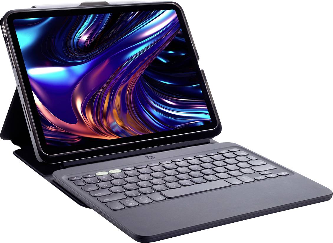 Ein Tablet mit einem farbenfrohen abstrakten Design auf dem Bildschirm ist an ein Tastatur-Etui angeschlossen und ähnelt einem kleinen Laptop.