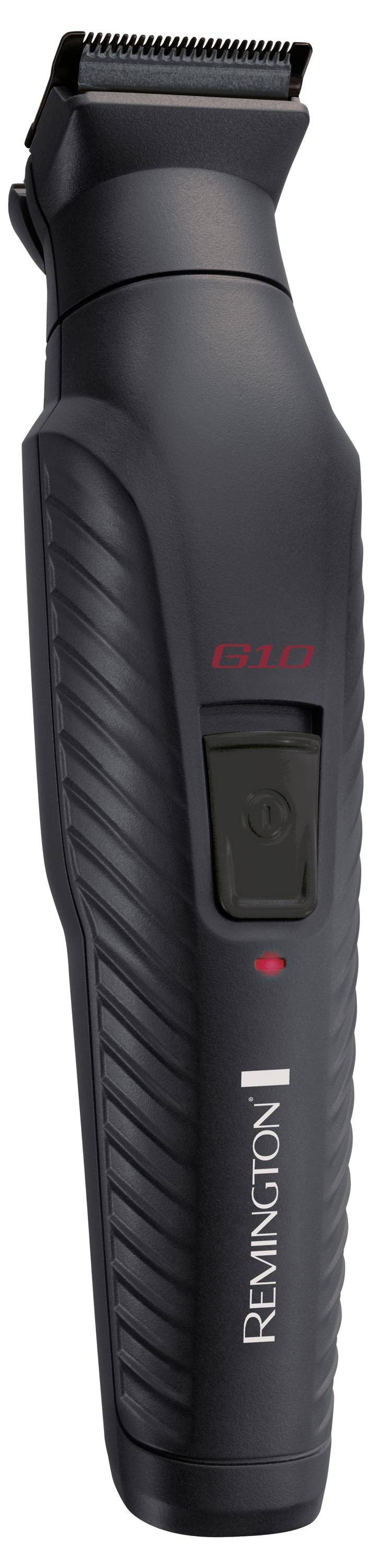Ein schwarzer Remington Elektrorasierer mit strukturiertem Griff und Einschalttaste, auf dem die Modellnummer 