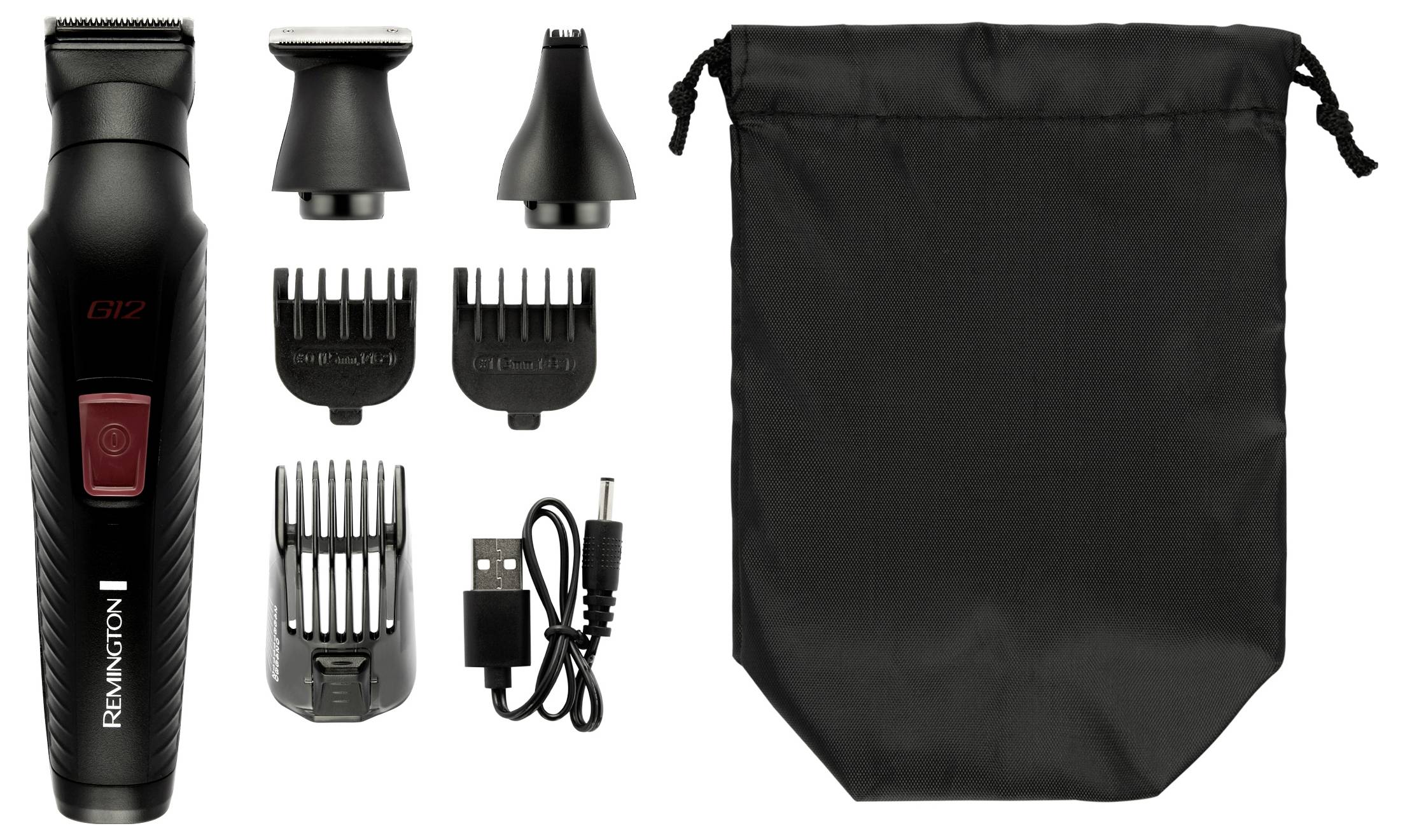 Bartschneider-Set mit mehreren Aufsätzen, Reinigungsbürste, USB-Ladekabel und Aufbewahrungstasche.