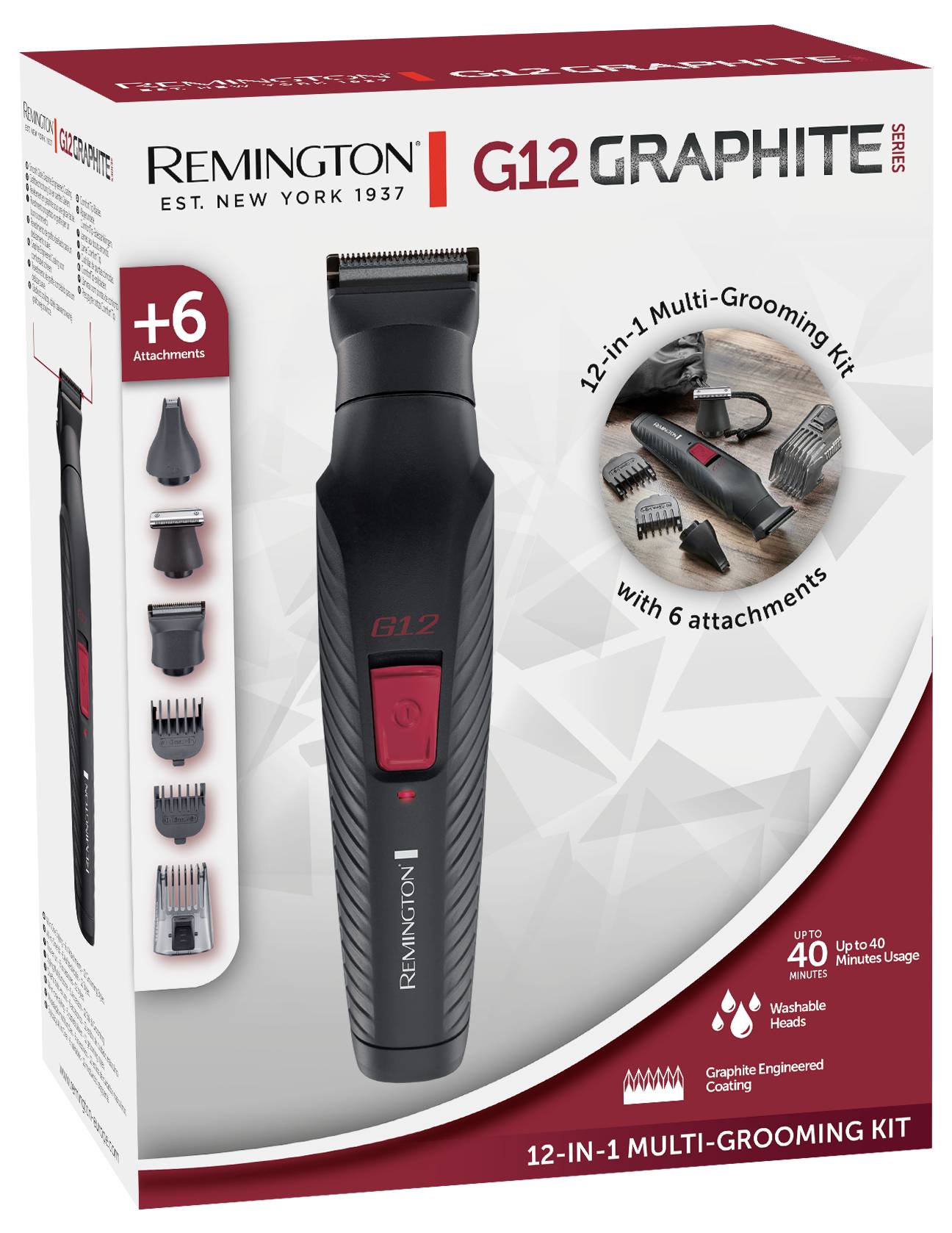 Remington G12 Graphite Series 12-in-1 Multifunktions-Pflege-Set, gezeigt mit Trimmer und sechs Aufsätzen, mit einer Laufzeit von bis zu 40 Minuten.