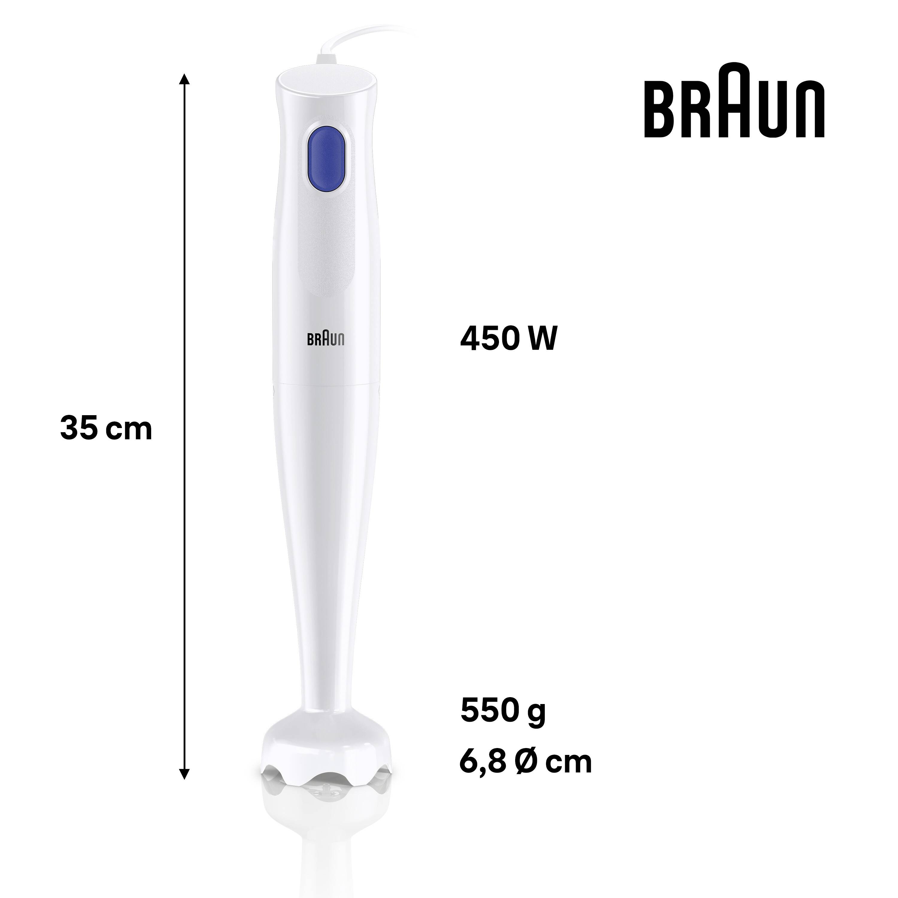„Ein weißer Braun Stabmixer mit blauer Taste. Eigenschaften: 35 cm hoch, 450 W Leistung, wiegt 550 g, Klingendurchmesser 6,8 cm.