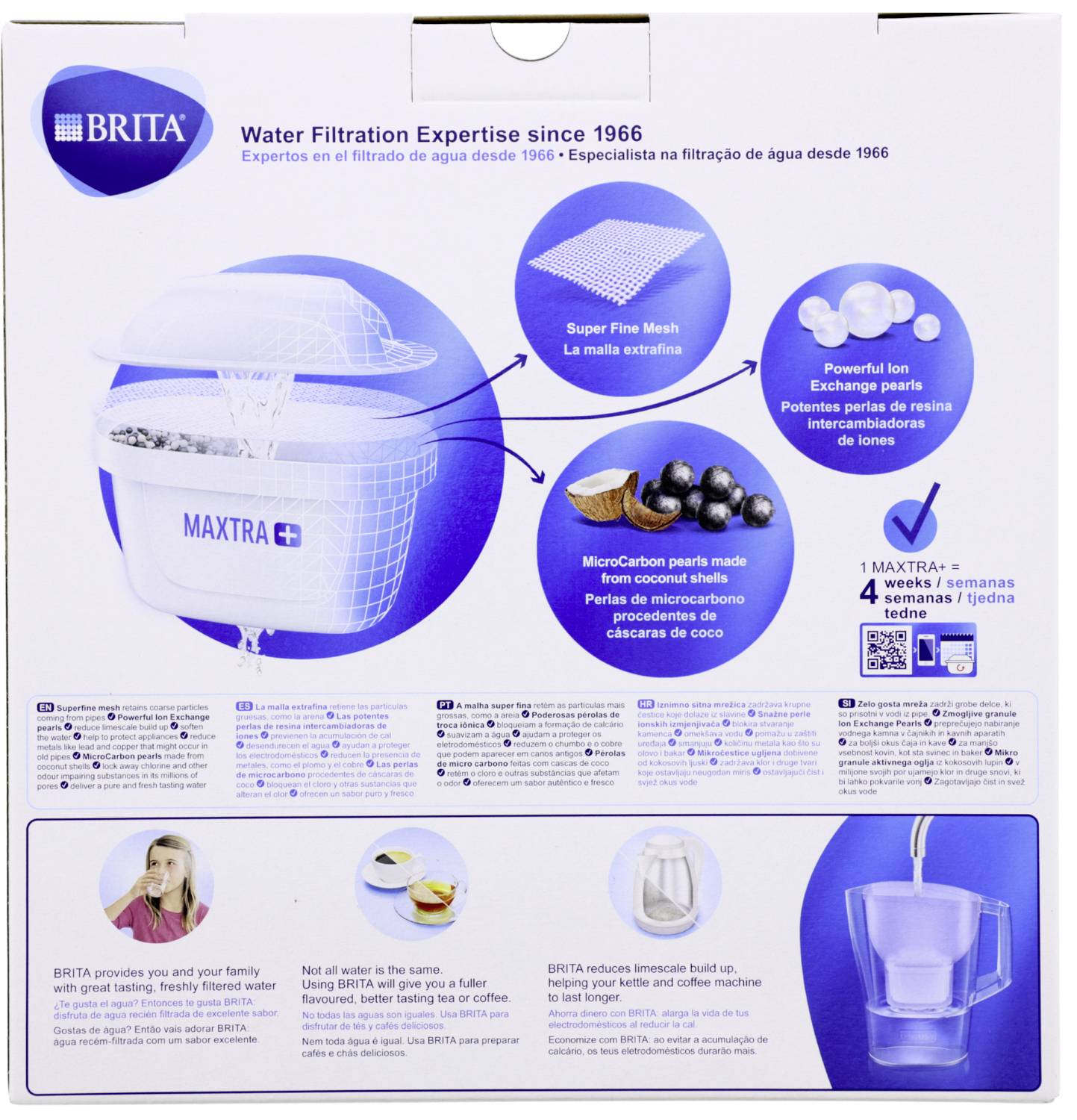 Die Verpackung des Brita-Wasserfilters enthält ein Diagramm des Filtrationsprozesses, das eine MAXTRA+-Kartusche, ein Netzsieb, Aktivkohle-Perlen und eine Kännchen-Grafik hervorhebt.
