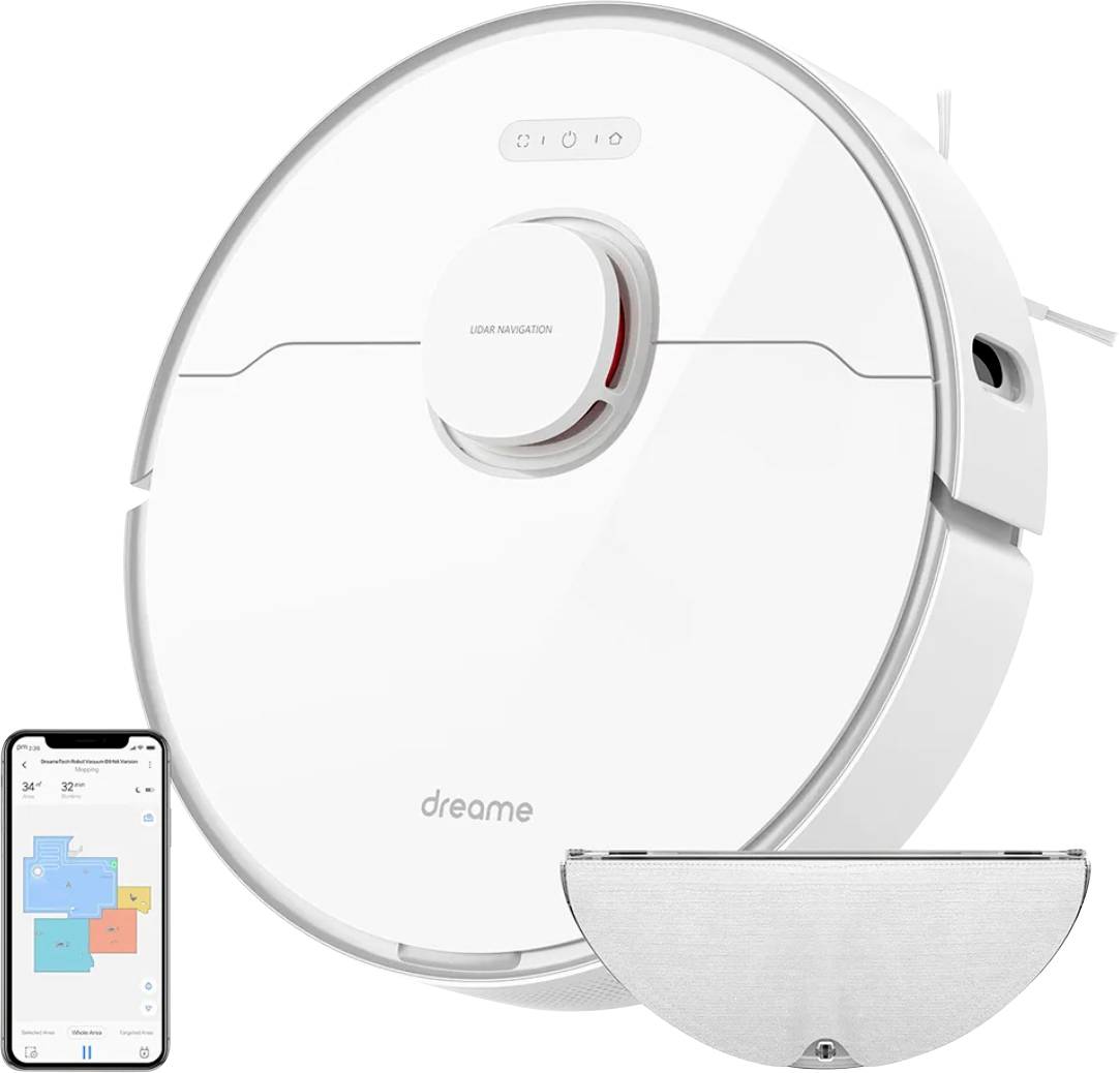 Staubsaugerroboter mit rundem Design, ausgestattet mit einem Navigationssensor. Smartphone-App zeigt Reinigungskarte. Inklusive Wischaufsatz.