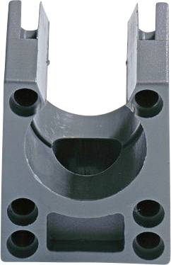 Eine graue Metallhalterung mit mehreren runden und rechteckigen Löchern, die zum Montieren oder Befestigen von Komponenten verwendet wird.