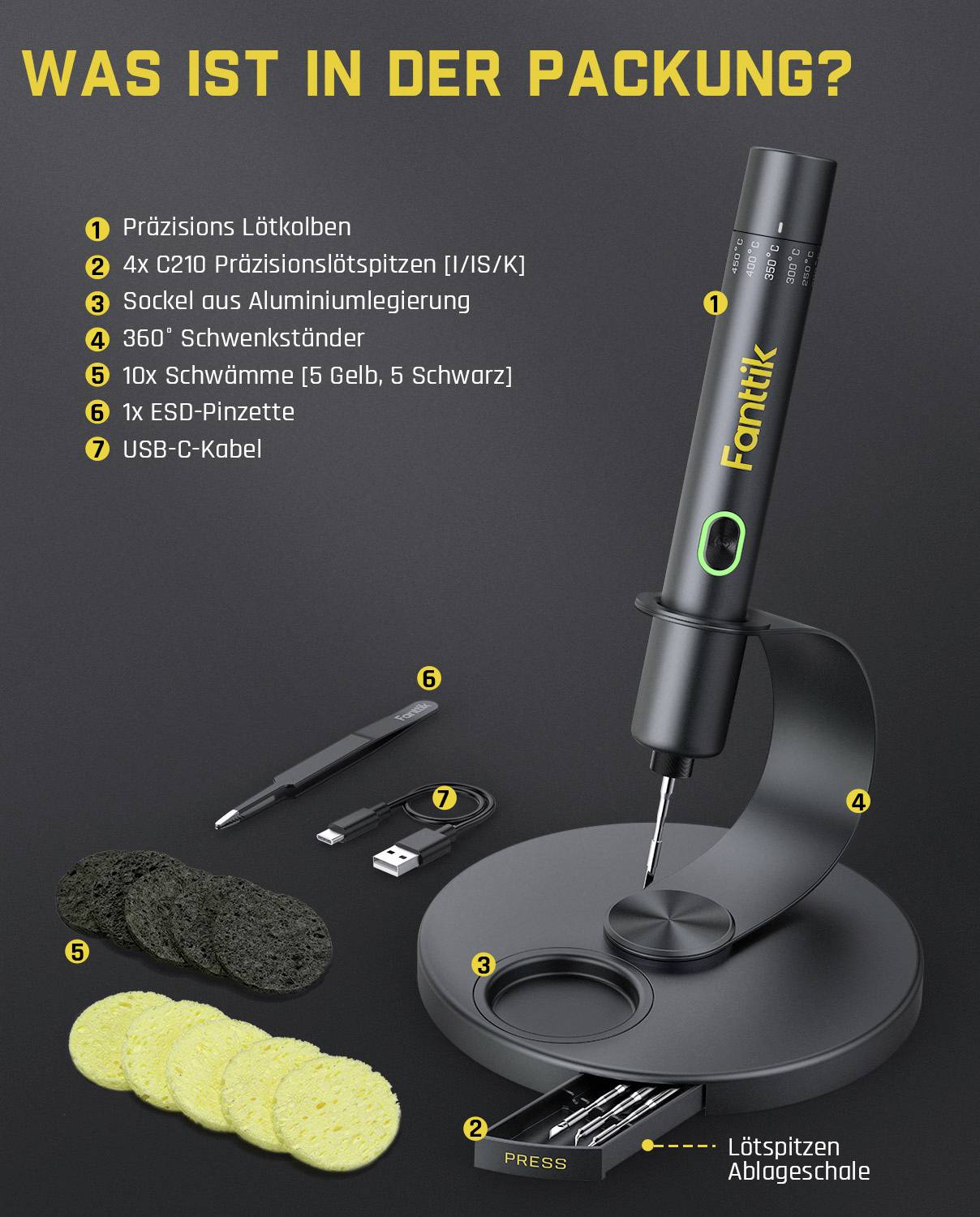 Präzisions-Lötkolben-Set, inklusive vier Lötkopfspitzen, Ständer, USB-C-Kabel, Pinzette und Reinigungsschwämmen. Text im Bild: 'WAS IST IN DER PACKUNG?'