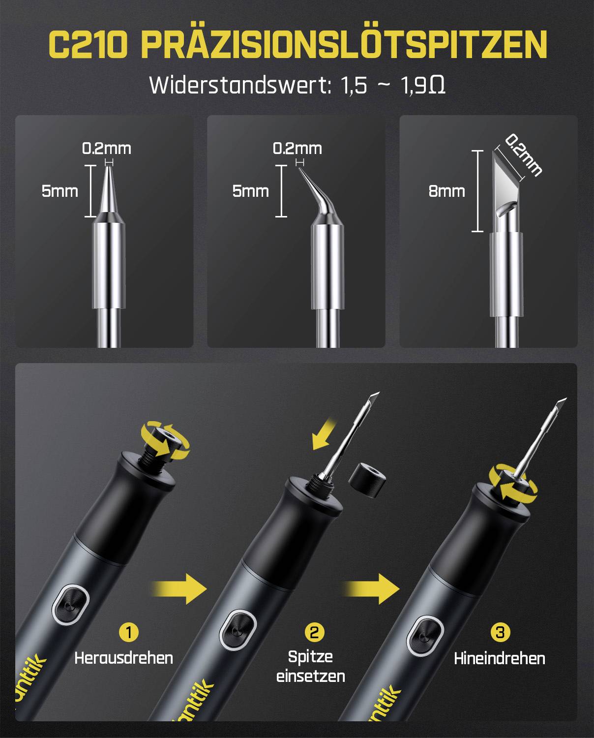 Lötkolbenspitzen und Verwendungsschritte: Lösen, Spitze einsetzen, festschrauben. Präzisionsspitzen zeigen Abmessungen: 0,2 mm Kopf, 5 mm oder 8 mm Länge.