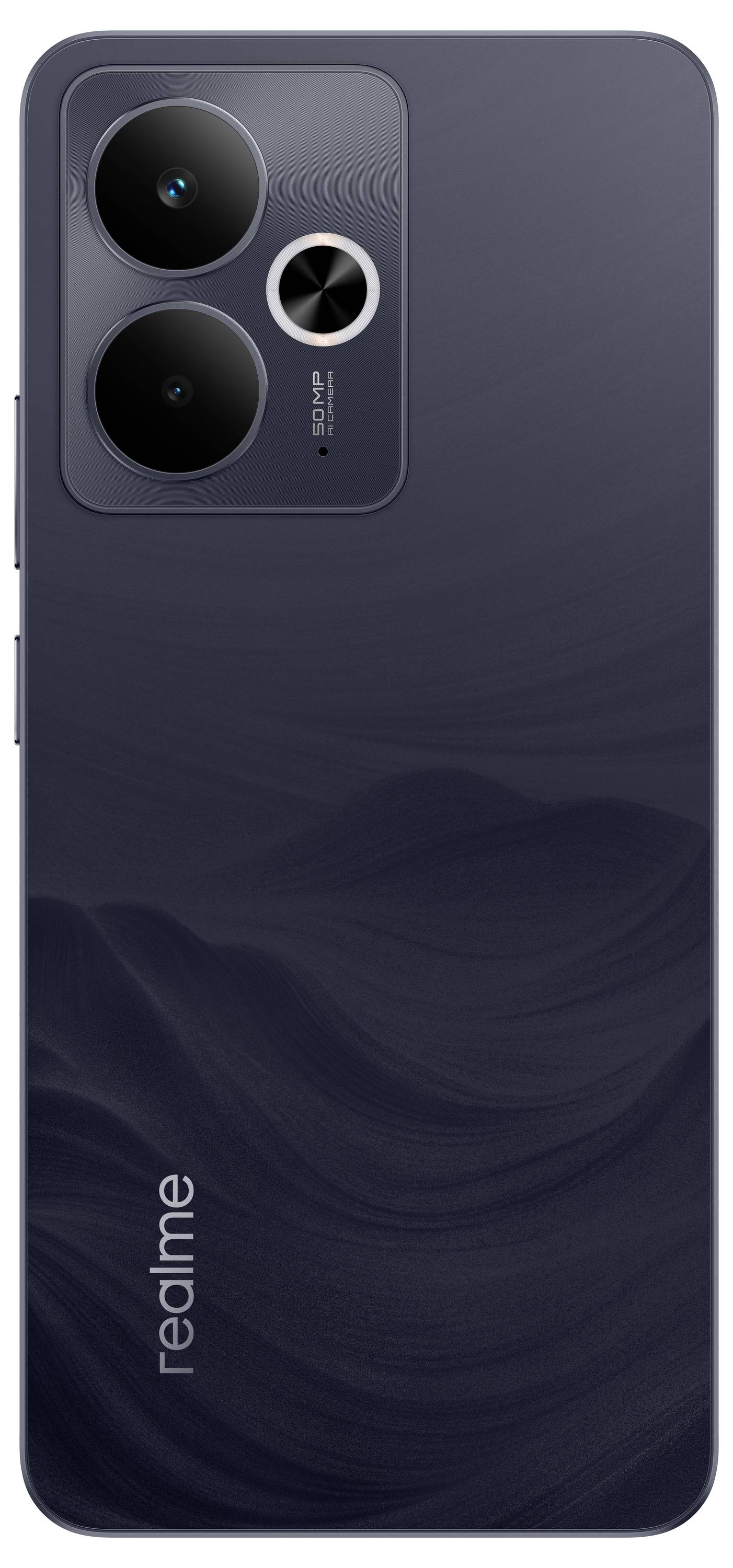 Ein dunkelblauer Smartphone mit einer Dual-Kamera-Anordnung auf der Rückseite. Das Markenlogo 'realme' ist unten links positioniert.