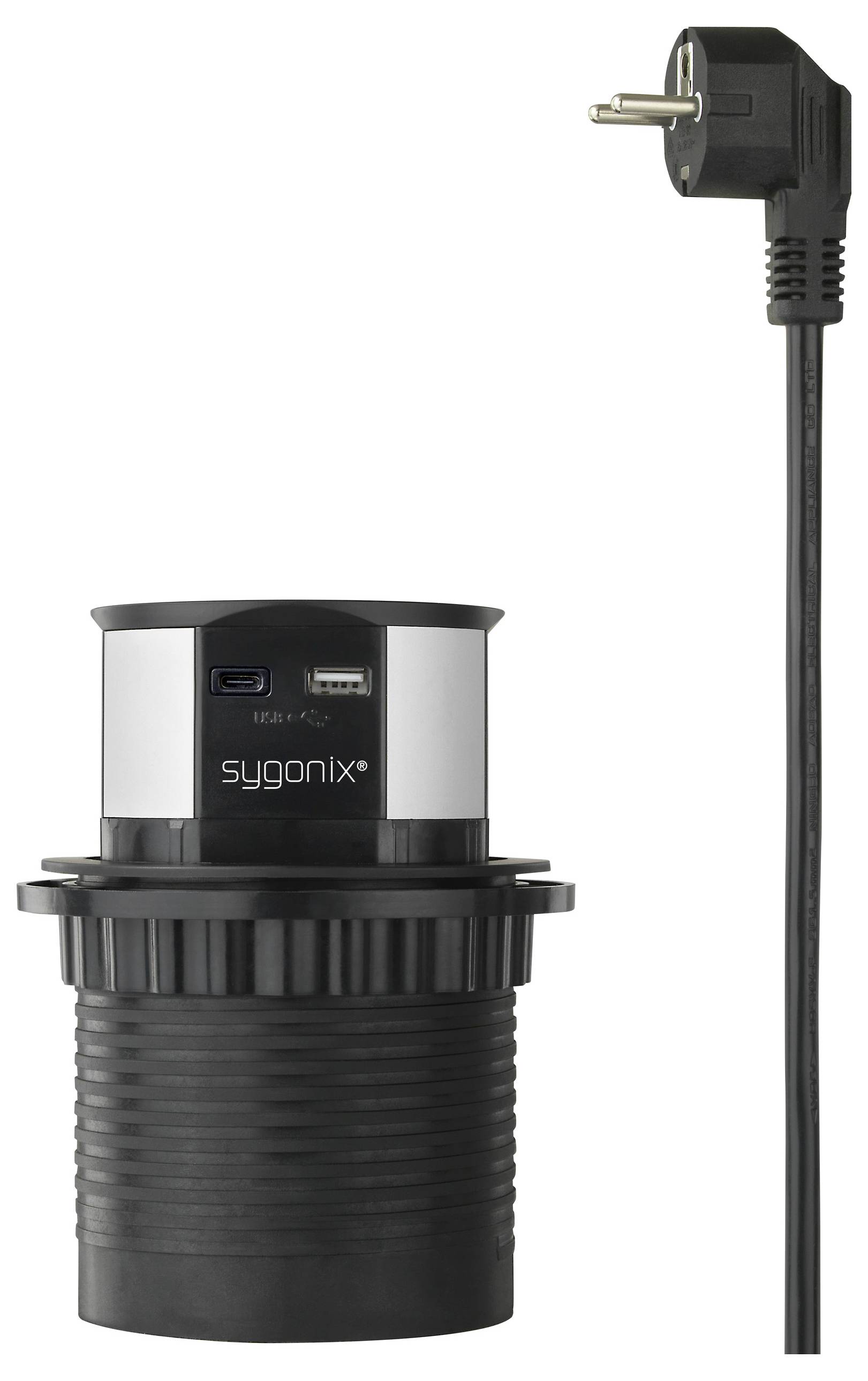 Eine schwarze und silberne Sygonix Steckdose mit USB-Anschlüssen, ausgestattet mit einem verlängerten schwarzen Stecker.