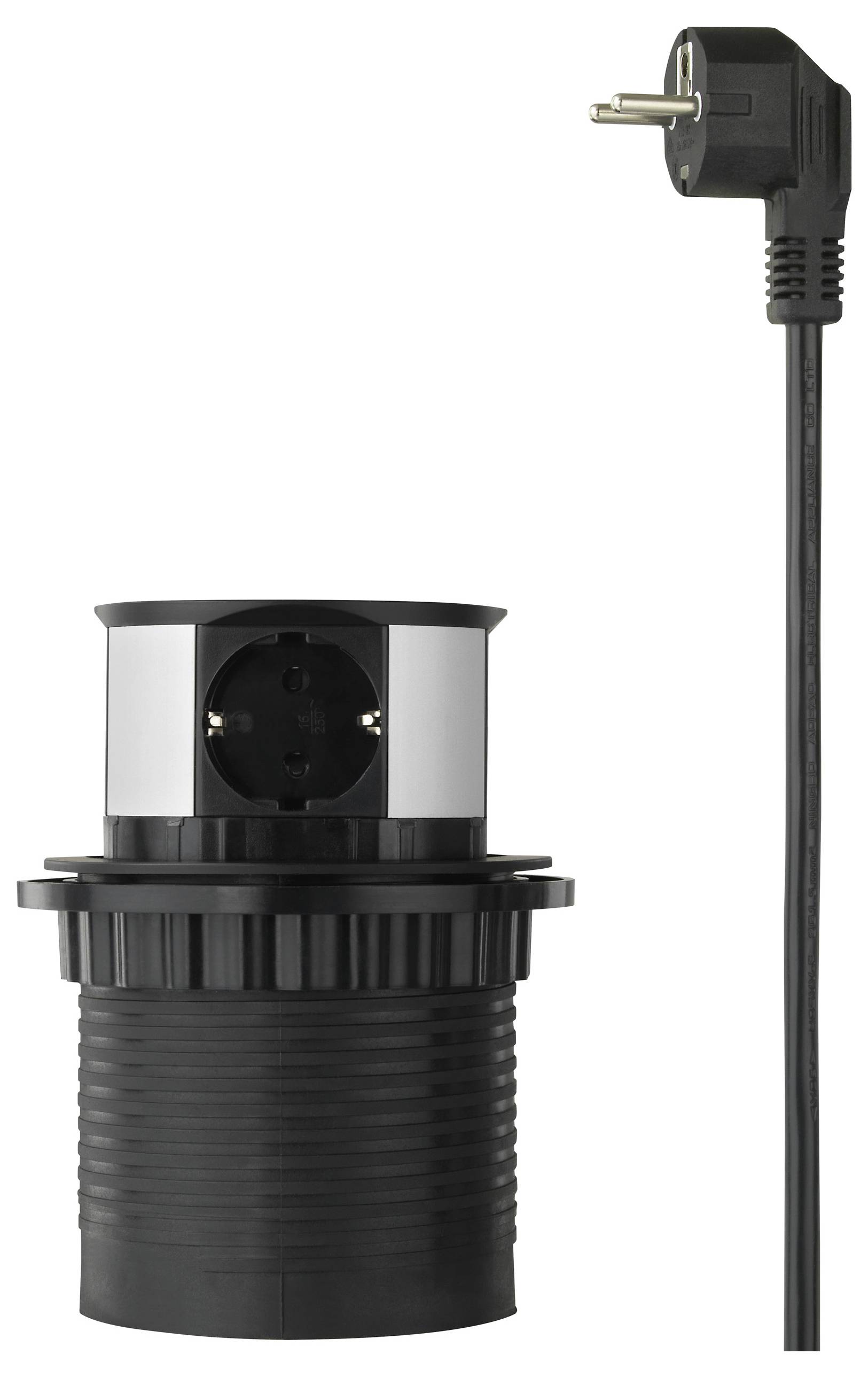 Eine Pop-up-Steckdoseneinheit mit drei Anschlüssen, in ausgefahrener Position, zusammen mit einem europäischen Stecker an einem Kabel.