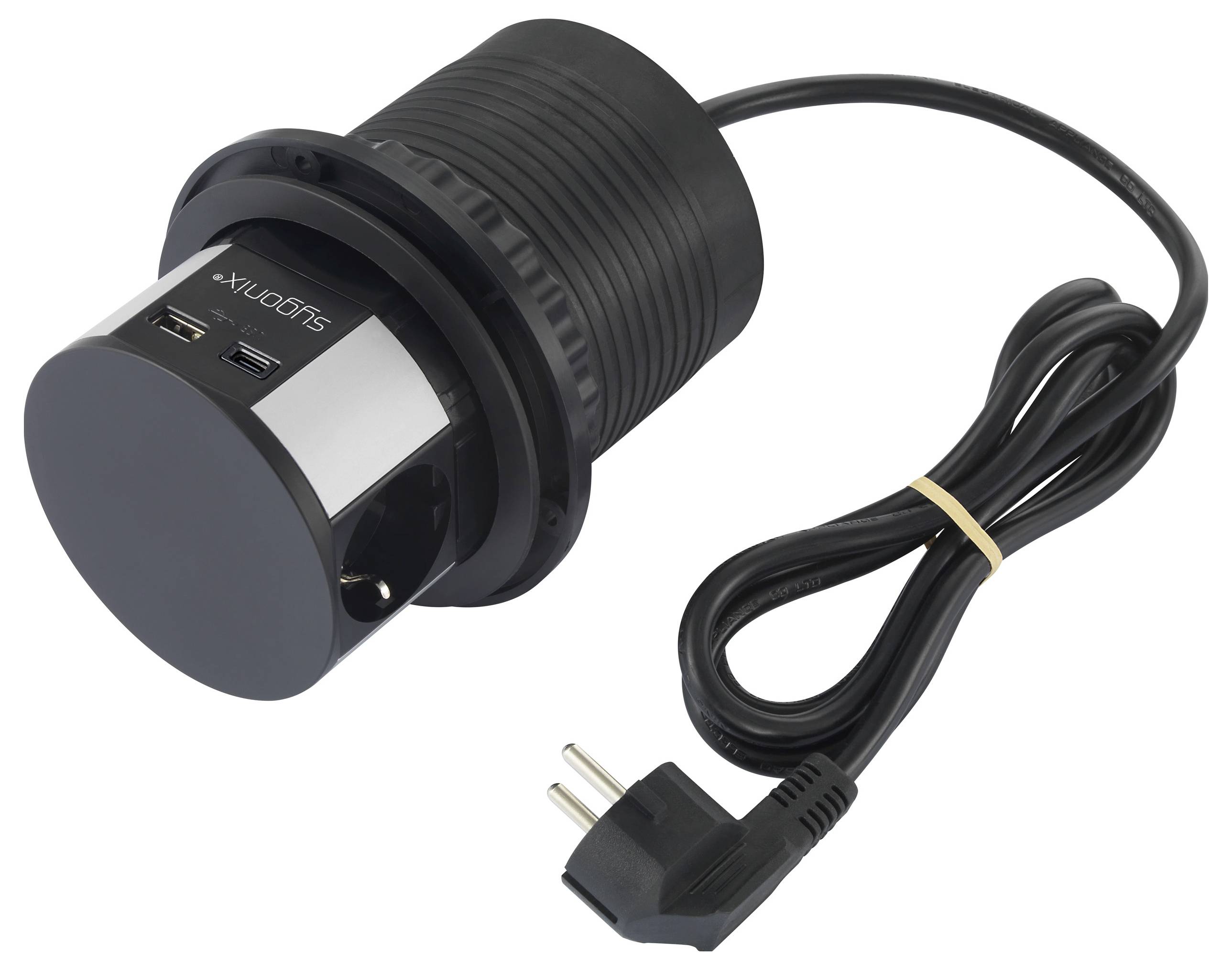 Ein schwarzer zylindrischer Stromverteiler mit mehreren USB-Anschlüssen und einem Netzkabel liegt ordentlich aufgerollt daneben und ist bereit zur elektrischen Verbindung.