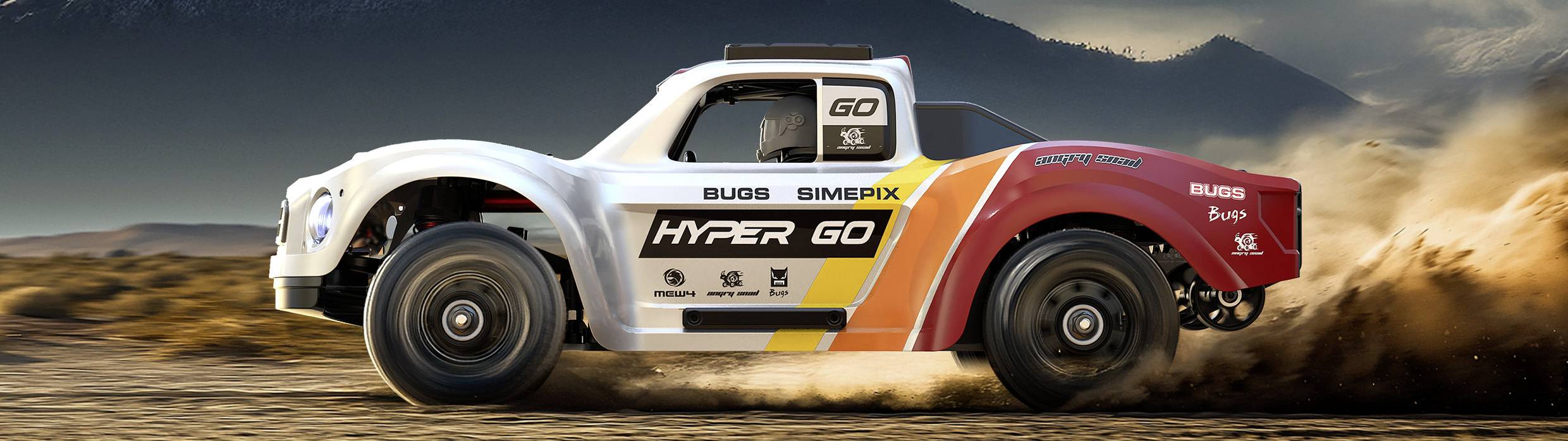 Ein rot-weißer Rennlastwagen mit der Aufschrift „HYPER GO