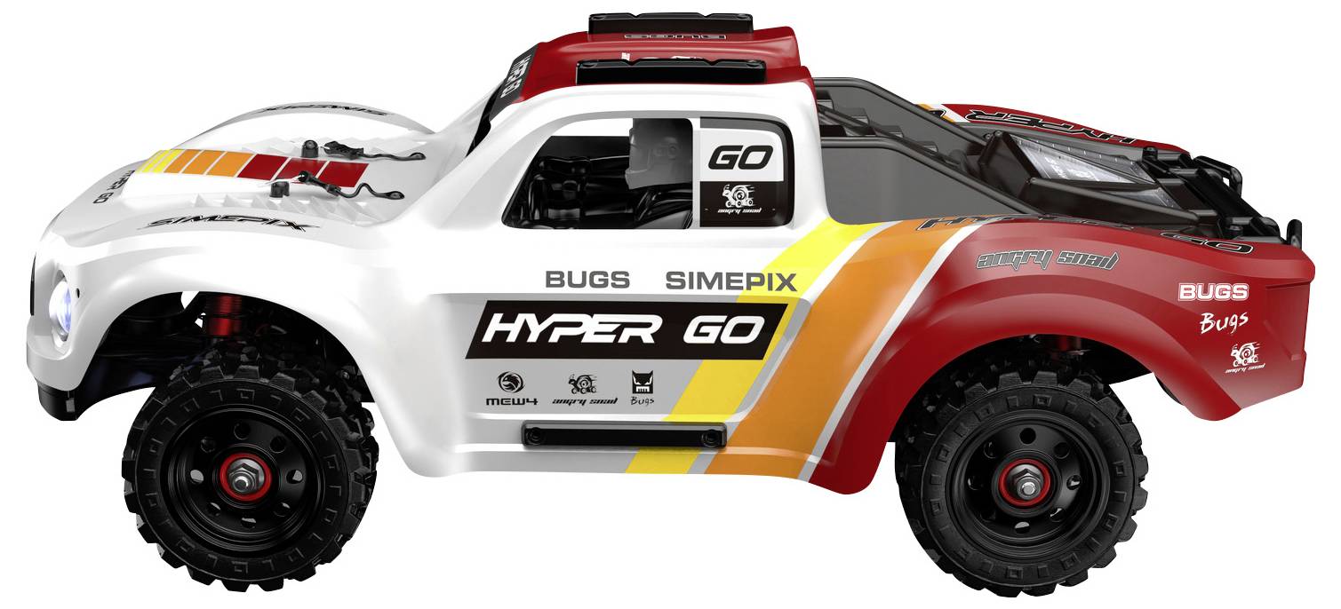 RC-Truck mit weißem, rotem und orangefarbenem Design, mit der Aufschrift 'HYPER GO', ausgestattet mit robusten Reifen und Modell-Branding an der Seite.