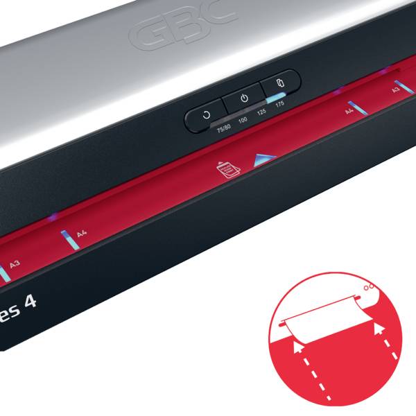 Ein GBC-Laminator mit automatischen Einstellungen für verschiedene Papierformate. Enthält ein Symbol, das die richtige Einlegerichtung für das Dokument anzeigt.