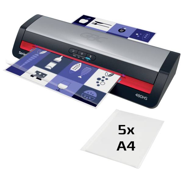 Ein Laminator mit einem teilweise eingelegten Blatt und einem weiteren Blatt, das ausgegeben wird, mit Symbolen wie einer Tasse und Besteck. Eine Beschriftung zeigt '5x A4'.