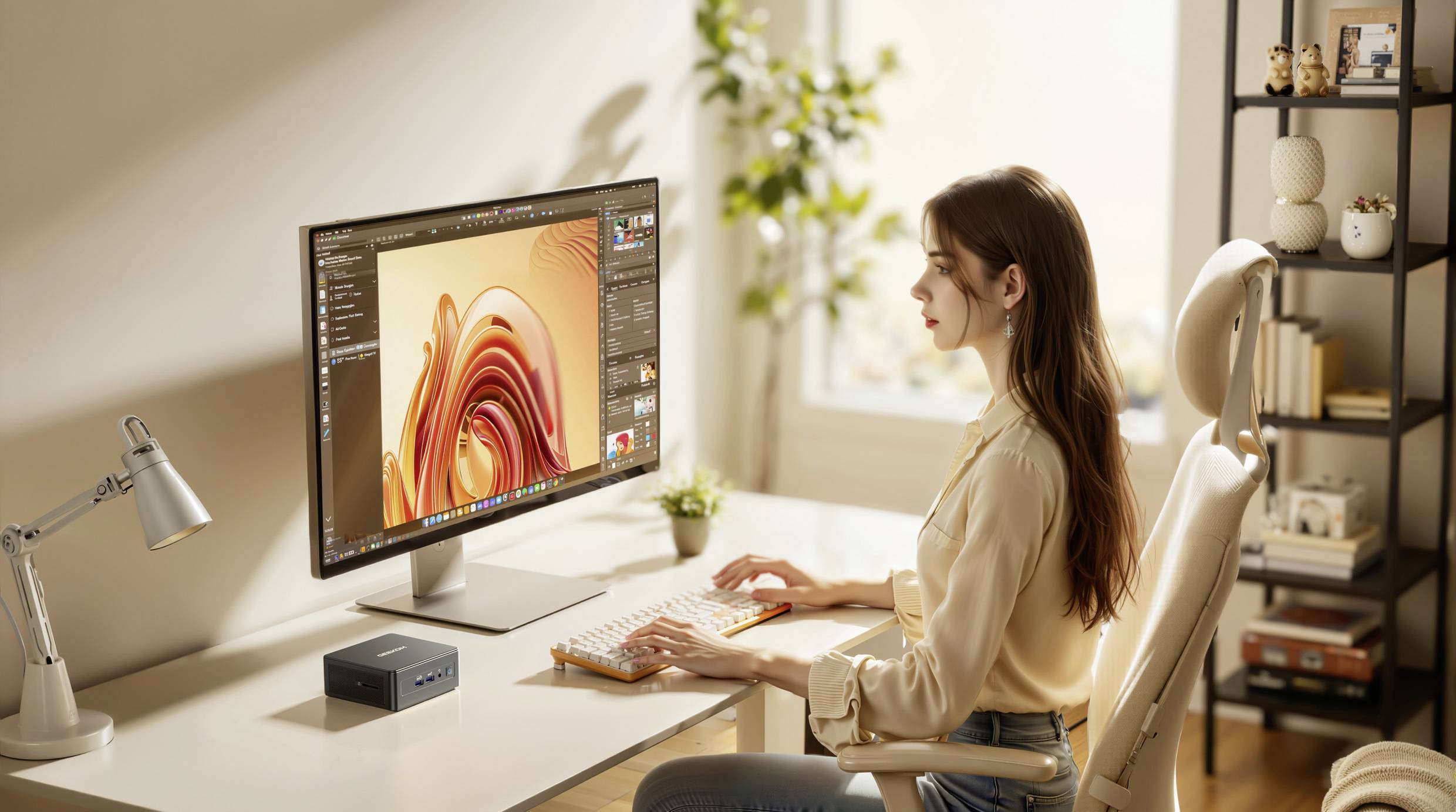 Eine Person sitzt an einem Schreibtisch und verwendet ein Grafikdesign-Programm auf einem großen Monitor. Der Raum ist gut beleuchtet, mit Pflanzen und Regalen im Hintergrund.