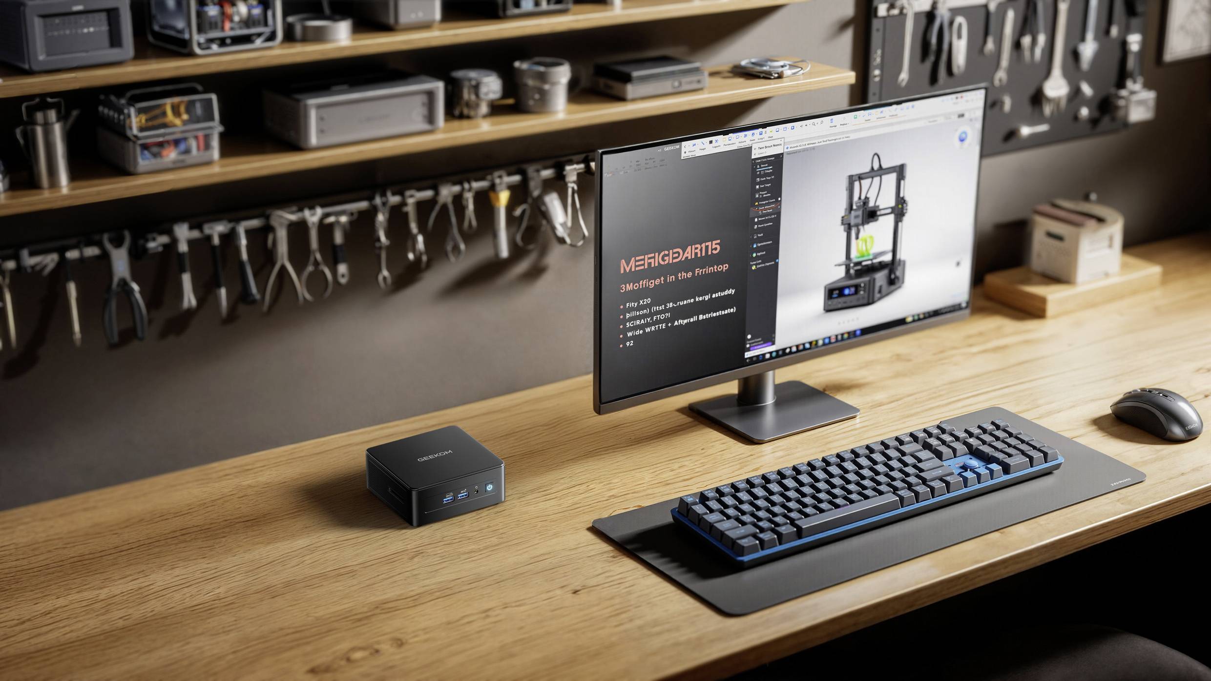 Ein moderner Schreibtischaufbau mit einem Computer, der ein 3D-Drucker-Design zeigt. Regale mit Werkzeugen sind im Hintergrund zu sehen, was auf einen Arbeitsplatz hindeutet.