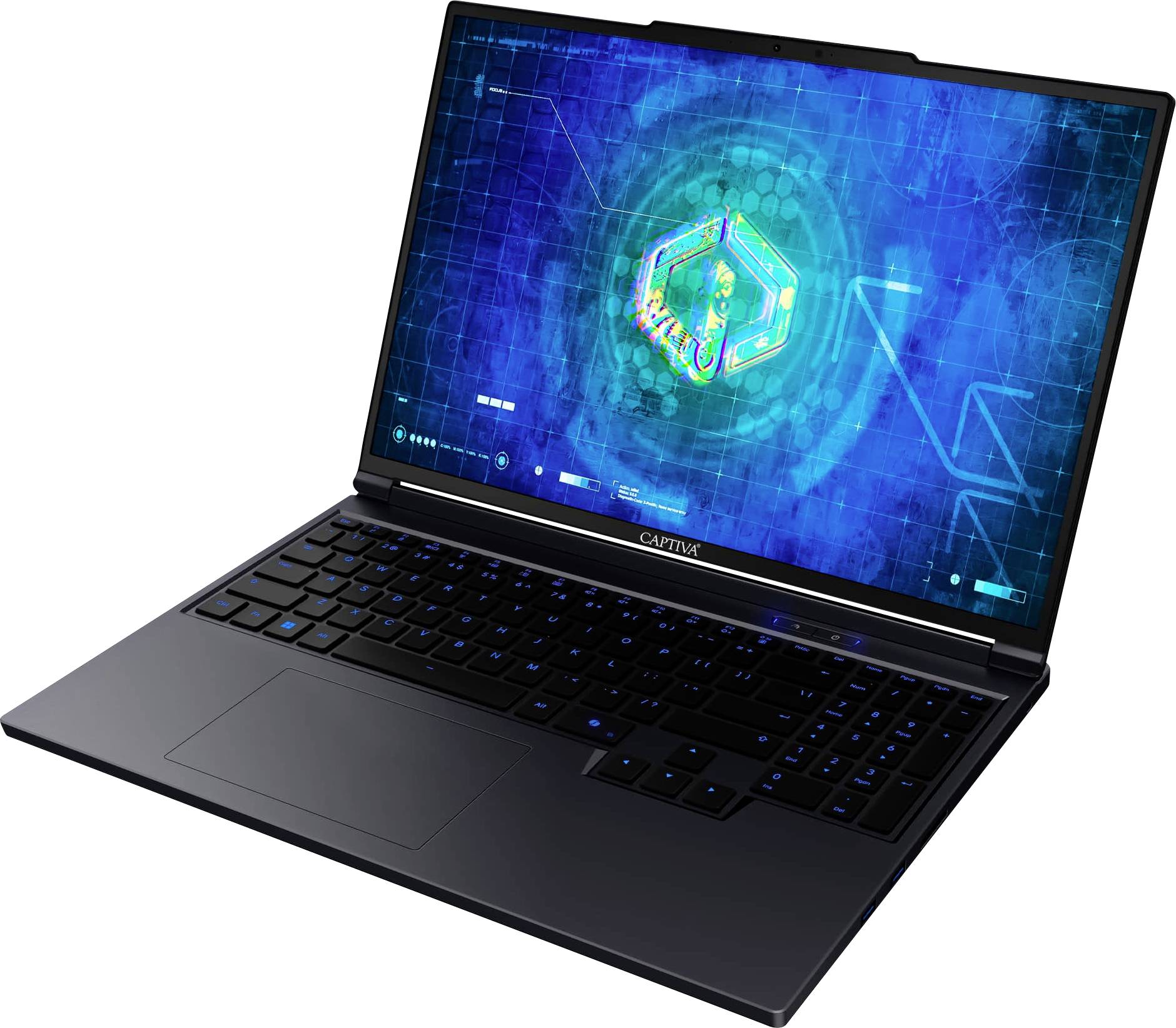 Ein Laptop, der eine blaue digitale Schnittstelle mit einer netzwerkartigen Struktur und einem Sechseck in der Mitte zeigt, die in leuchtenden Farben glüht.