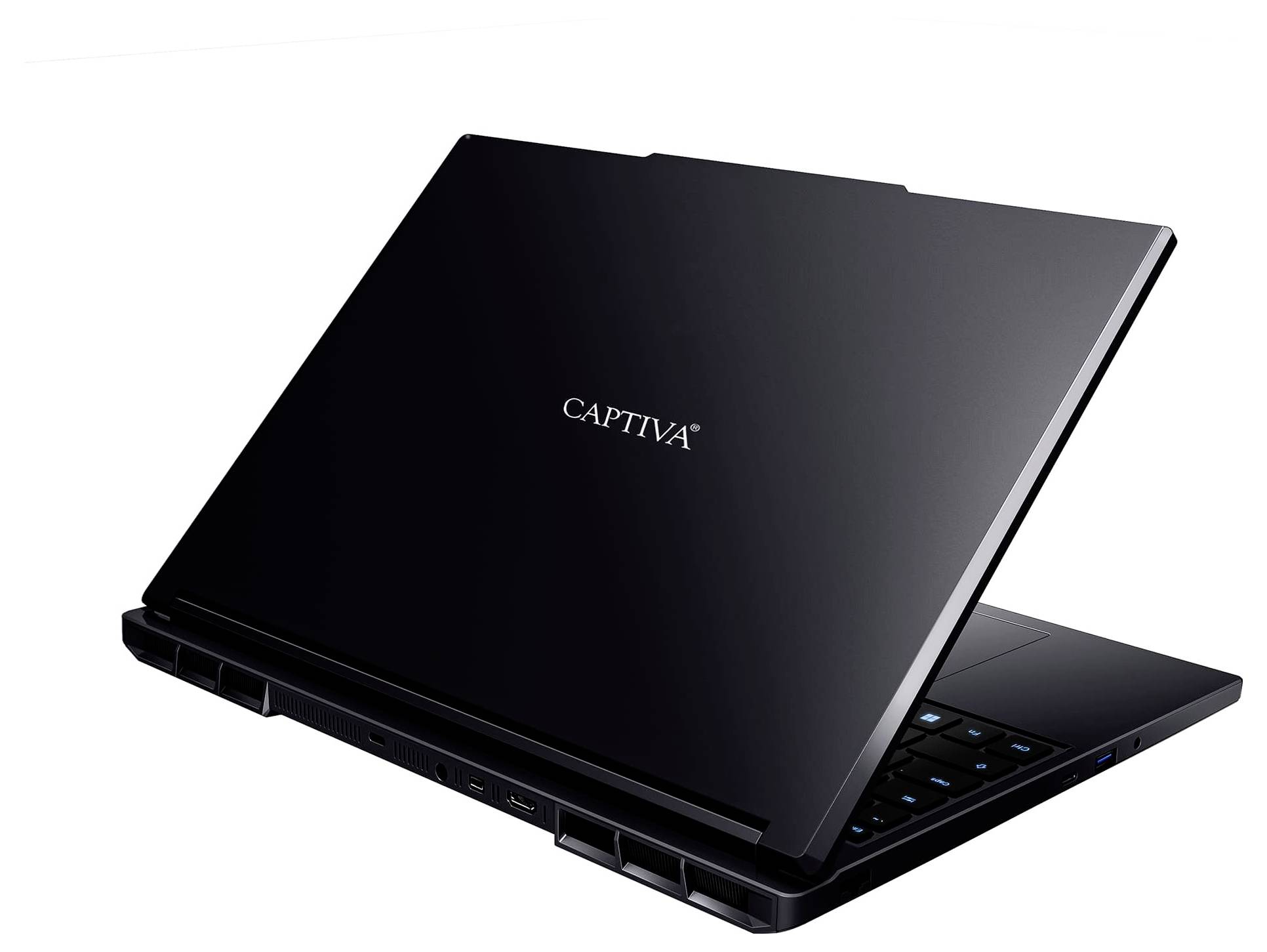 Ein schlanker schwarzer Laptop mit dem Markennamen 'CAPTIVA' auf dem Deckel, leicht geöffnet, um einen Teil der Tastatur zu zeigen und ein modernes Design anzudeuten.