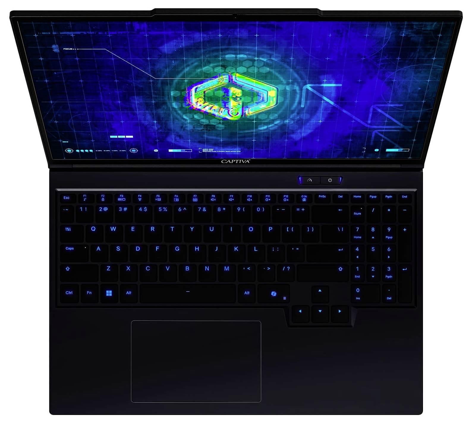 Ein schwarzer Laptop mit einer leuchtend blauen Tastatur und einer digitalen Anzeige auf dem Bildschirm, die eine farbenfrohe Radarkartenoberfläche zeigt.