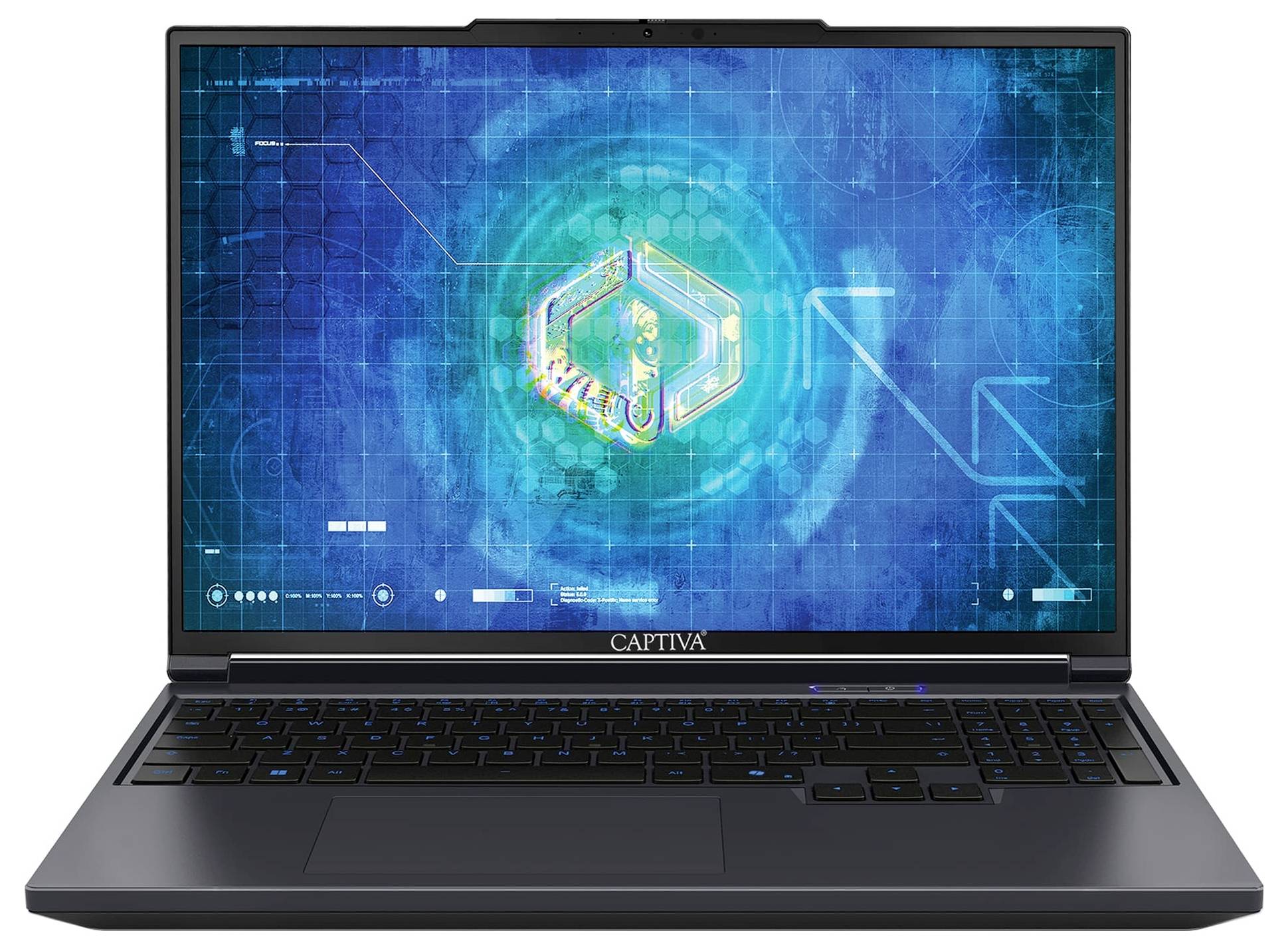 Ein Laptop, der eine futuristische blaue digitale Schnittstelle mit leuchtenden geometrischen Formen auf dem Bildschirm zeigt. Die Tastatur ist darunter sichtbar.