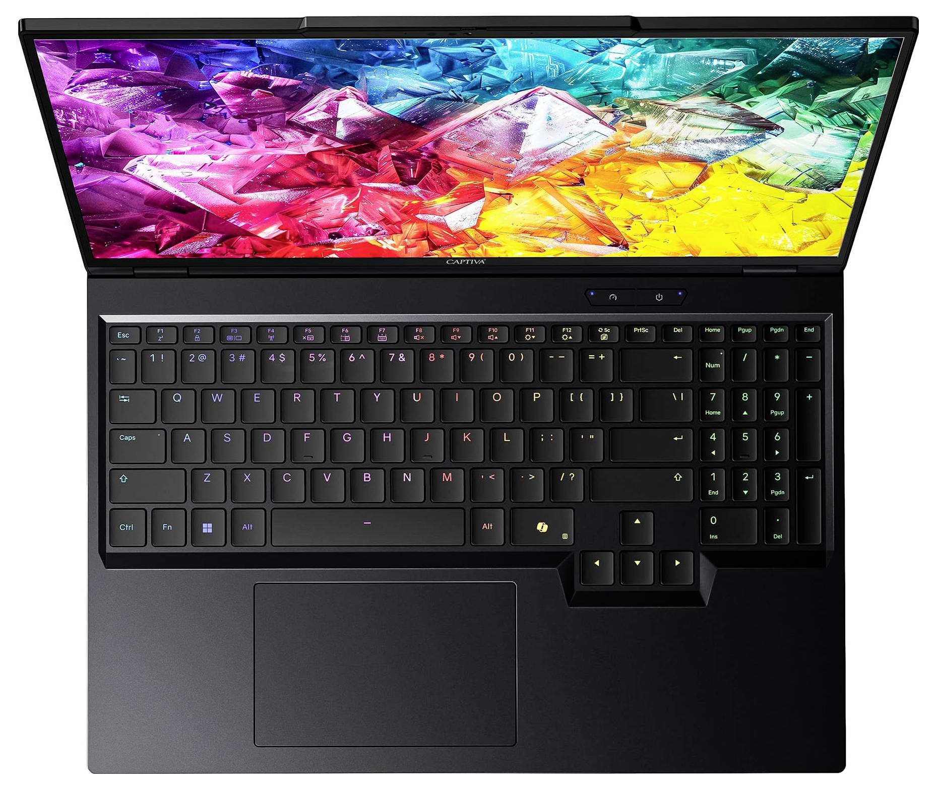 Ein schlankes Laptop mit einem bunten, kristallmusterartigen Bildschirmschoner, von oben gezeigt. Die Tastatur verfügt über hintergrundbeleuchtete Tasten mit einem Regenbogengradienten.
