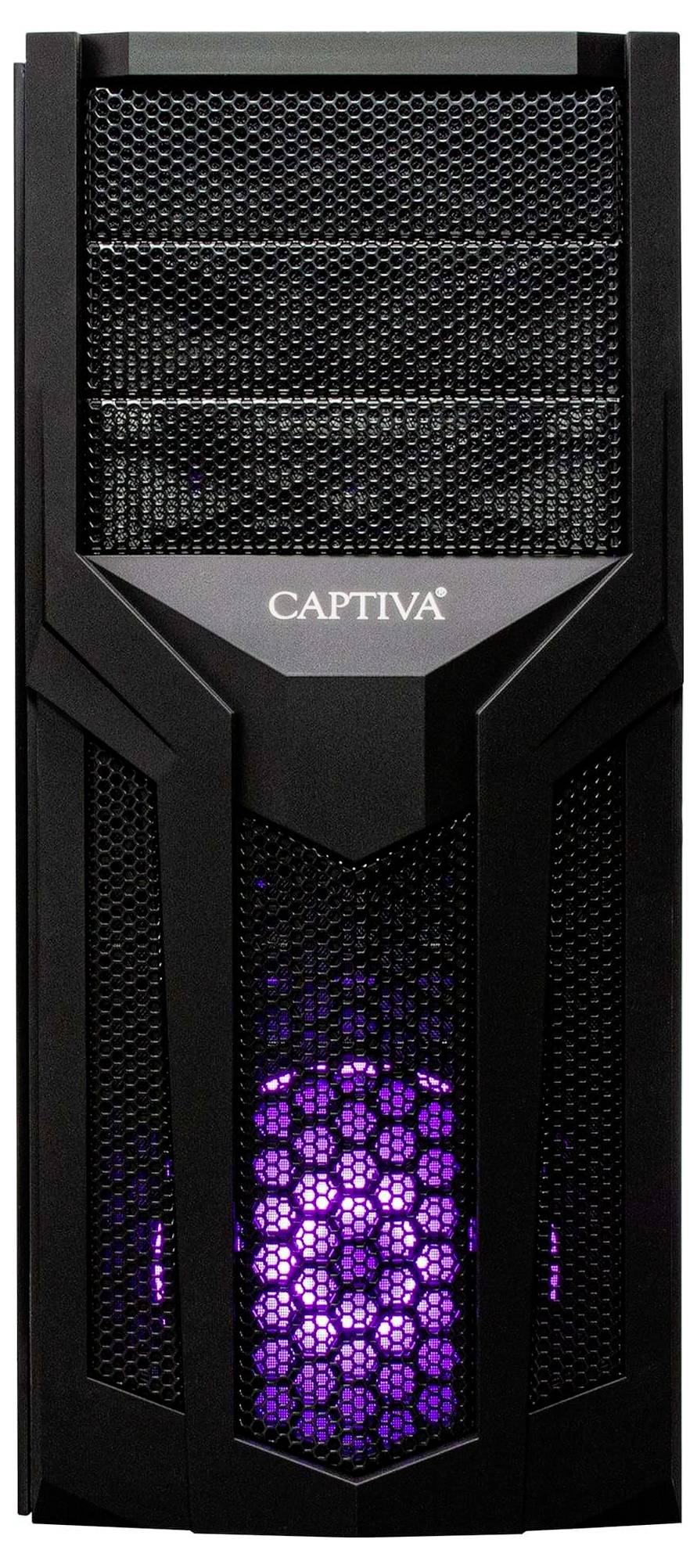 Ein schwarzer Computer-Tower mit Mesh-Frontblende, mit der Markenbezeichnung 'CAPTIVA', von lila LED-Lichtern von innen beleuchtet.