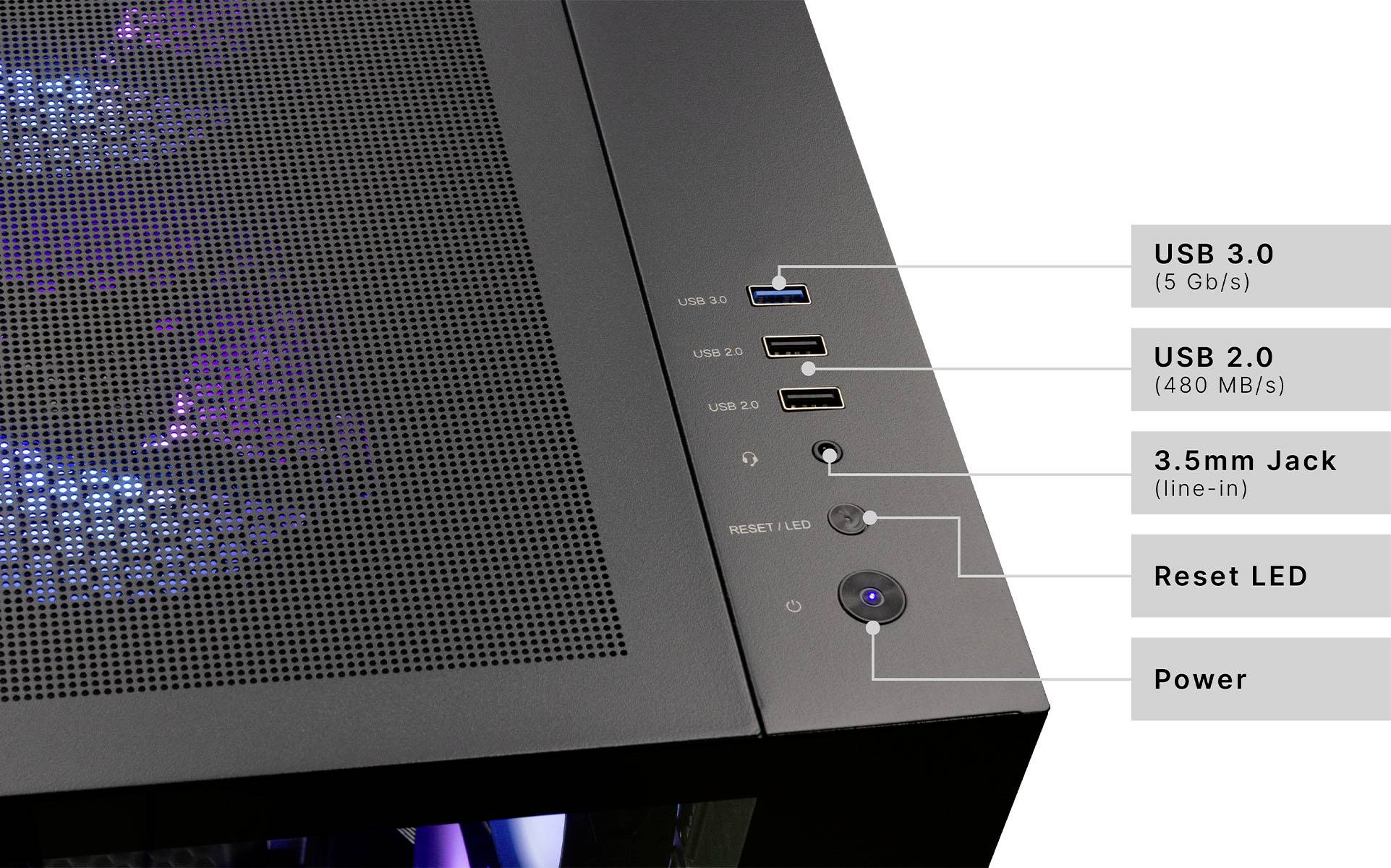 Nahaufnahme der Oberseite eines Computergehäuses mit Anschlüssen: USB 3.0, USB 2.0 und einem 3,5-mm-Klinkenanschluss; beschriftete Tasten für Reset und Einschalten.