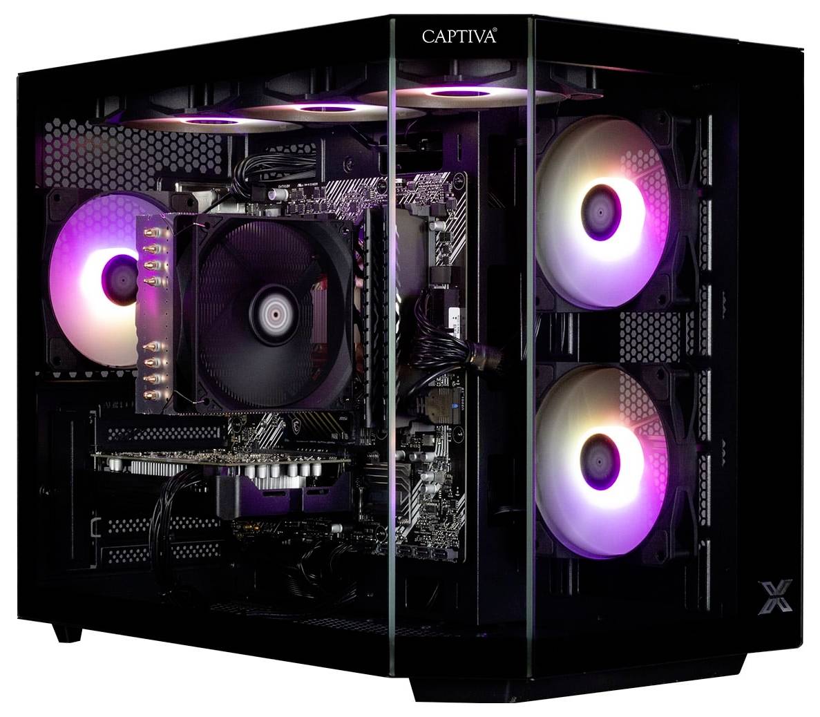 Ein Desktop-Computer mit einem transparenten Seitenpanel, das farbenfrohe Kühlventilatoren und interne Komponenten wie Motherboard und Grafikkarte präsentiert.