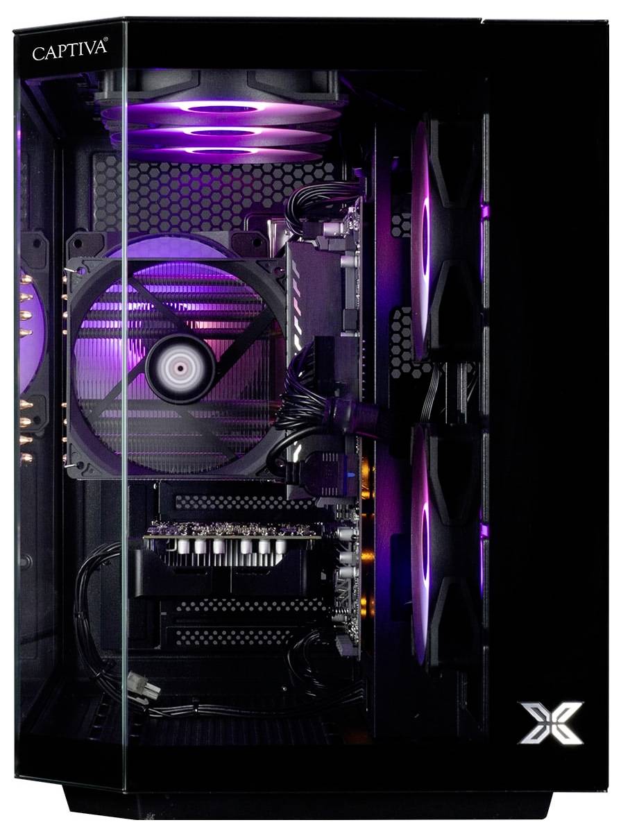Ein Gaming-PC-Gehäuse mit einer Glasseite, das interne RGB-Beleuchtung, Kühlventilatoren und Komponenten, einschließlich einer Grafikkarte, präsentiert.