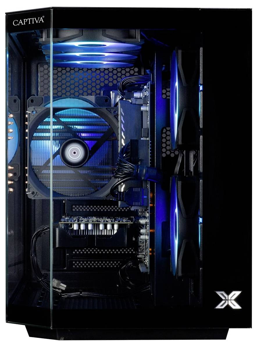 Ein Gaming-PC-Gehäuse mit sichtbaren LED-Kühlventilatoren und einem transparenten Seitenpanel, das die Innenkomponenten zur Schau stellt.