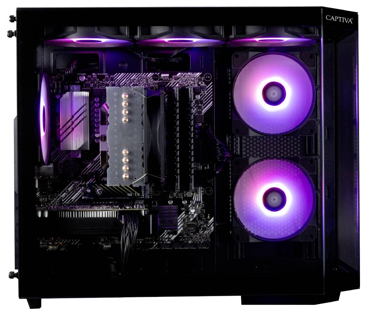Ein Desktop-Computergehäuse mit sichtbaren Innenkomponenten, einschließlich Mainboard, CPU-Kühler und beleuchteten RGB-Lüftern, das eine lebendige Ästhetik präsentiert.