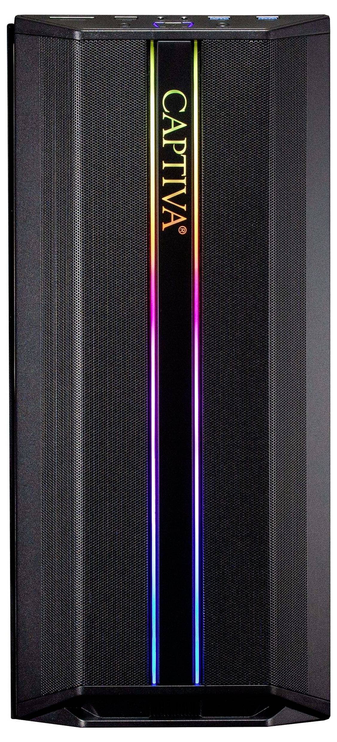 Ein schwarzer Computertower mit einem vertikalen, mehrfarbigen LED-Streifen, der mittig herunterläuft. Der Markenname 'CAPTIVA' ist oben beleuchtet.