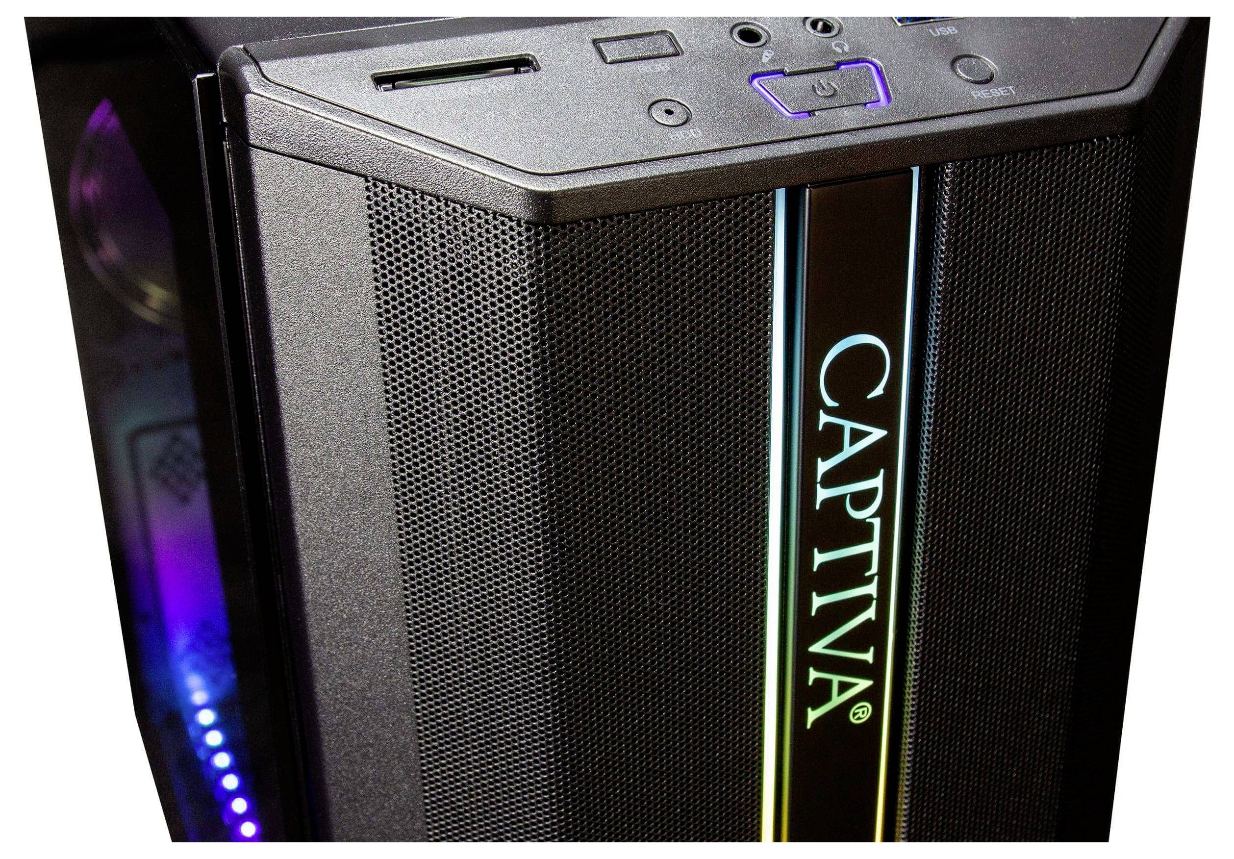 Ein Computergehäuse mit einer Frontblende, auf der das Logo 'CAPTIVA' von farbigen LED-Lichtern beleuchtet wird, was auf einen Gaming- oder High-Performance-PC hindeutet.