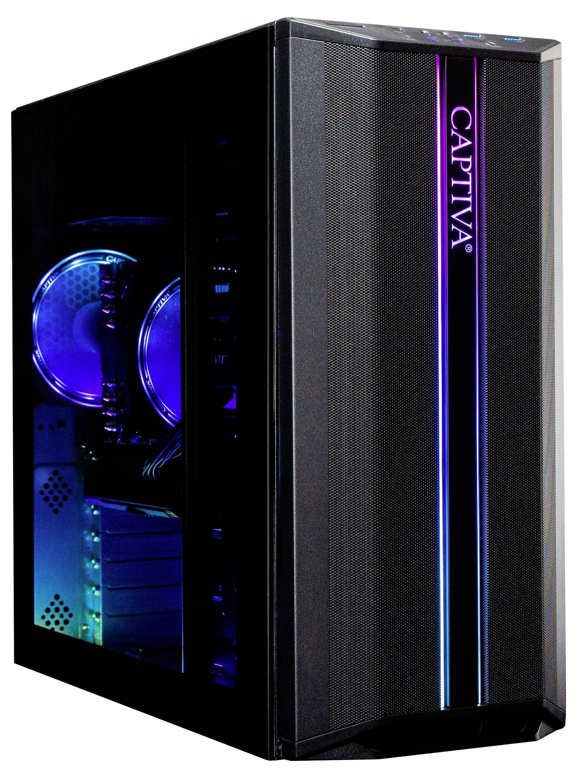 Ein schwarzer Desktop-Computerturm mit beleuchteten Komponenten, die durch ein Seitenfenster sichtbar sind, und leuchtenden Lichtern auf der Vorderseite mit der Beschriftung 