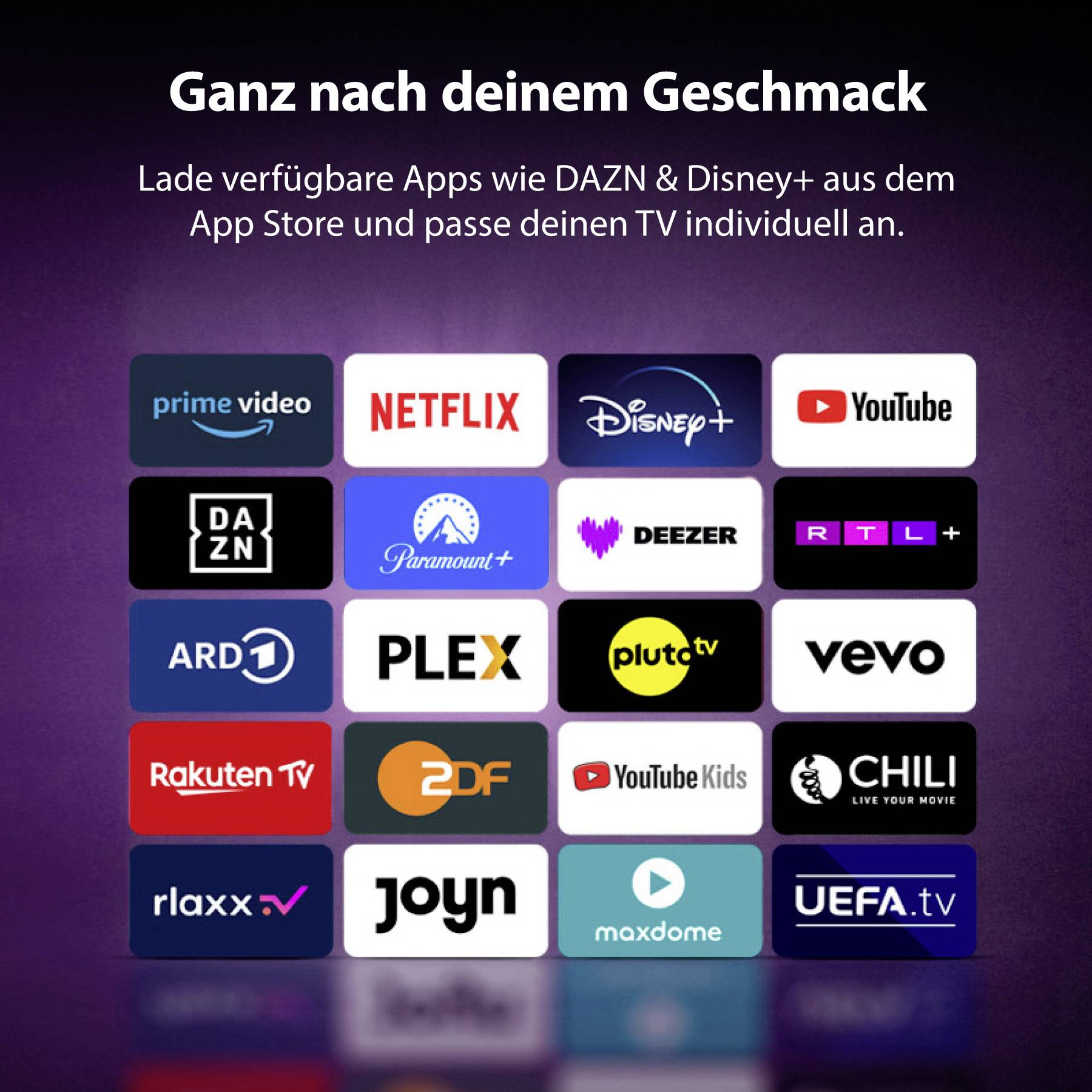Icons verschiedener Streaming-Dienste wie Prime Video, Netflix, Disney+ und YouTube werden angezeigt, was auf App-Verfügbarkeit und Anpassungsmöglichkeiten hindeutet.