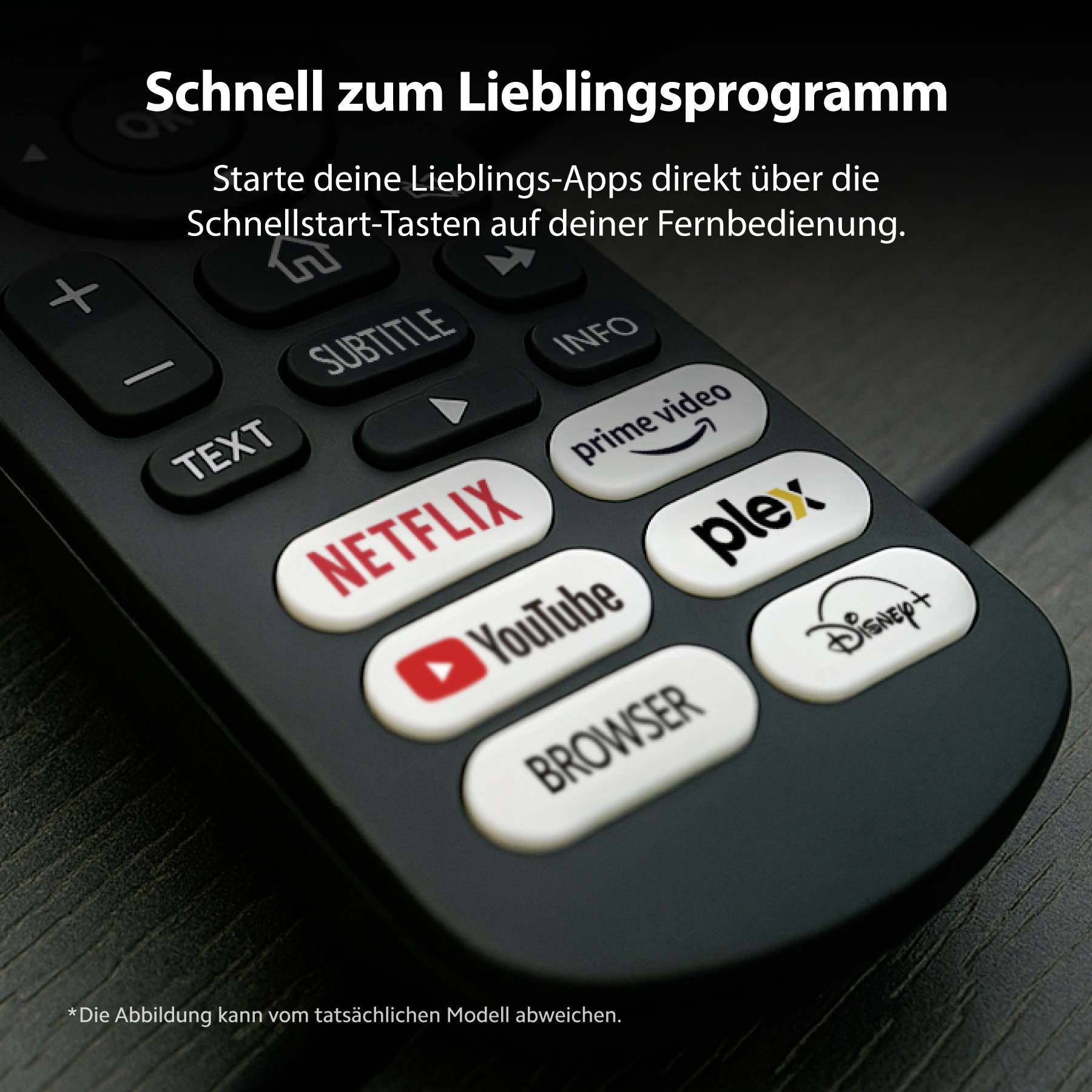 Eine Fernbedienung mit Tasten für Streaming-Dienste wie Netflix, Prime Video und YouTube für schnellen Zugriff auf Lieblingsanwendungen.
