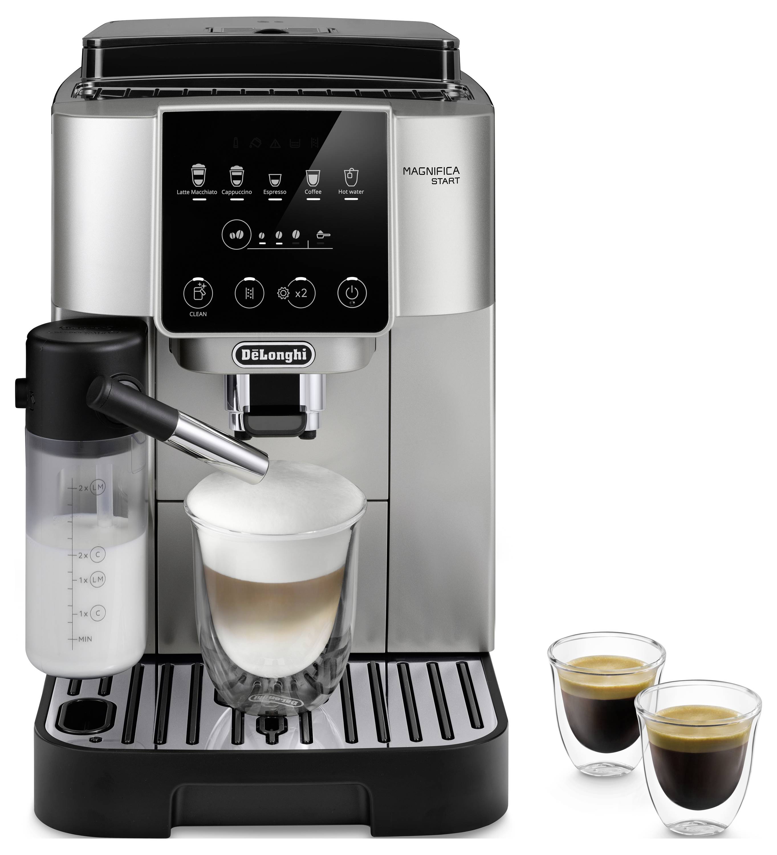 Automatische Espressomaschine mit Milchaufschäumer, die einen Cappuccino zubereitet, daneben zwei fertige Espresso-Shots in doppelwandigen Gläsern.