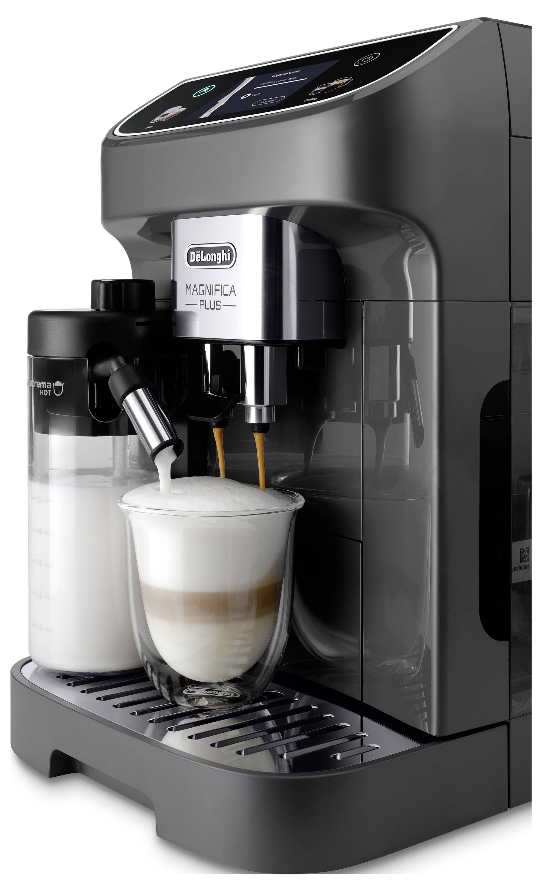 Eine moderne Espressomaschine mit digitalem Display, die einen Cappuccino zubereitet. Milchaufschäumer seitlich, mit einer Glastasse, die den Kaffee auffängt.