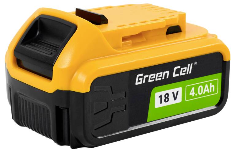 Eine wiederaufladbare Batterie mit der Aufschrift 'Green Cell 18V 4.0Ah' in einem orange-schwarzen Gehäuse.