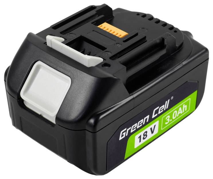 Eine schwarze und grüne Lithium-Batterie mit den Aufschriften 'Green Cell', '18 V' und '3.0 Ah', ausgestattet mit einer Entriegelungstaste und Anschlussklemmen.