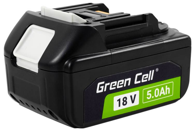 Eine schwarze und grüne Batterie mit der Bezeichnung 'Green Cell 18V 5,0Ah', die ihre Spannung und Kapazität in Amperestunden anzeigt.