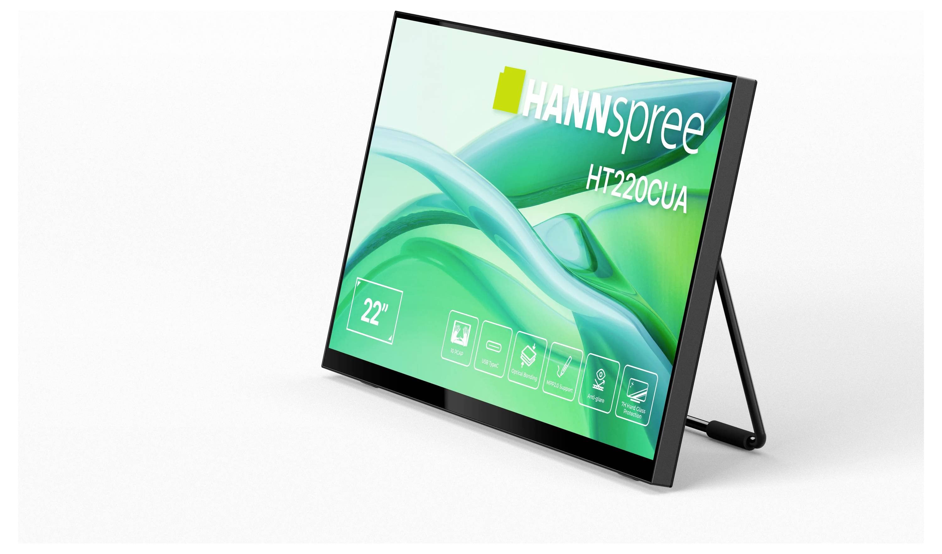 Ein Monitor mit der Bezeichnung 'HANNspree HT220CUA', der Symbole für Funktionen wie 22-Zoll-Größe, Touchscreen und integrierte Lautsprecher zeigt.
