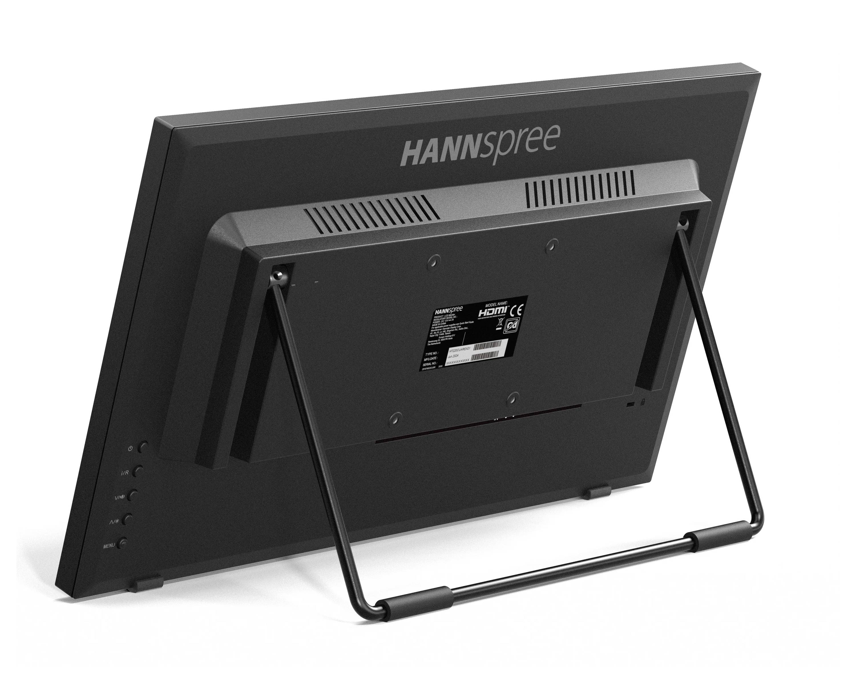 Eine Rückansicht eines Hannspree-Monitors, die seinen Standfuß und Lüftungsschlitze zeigt, geeignet für den Einsatz als Desktop-Display.