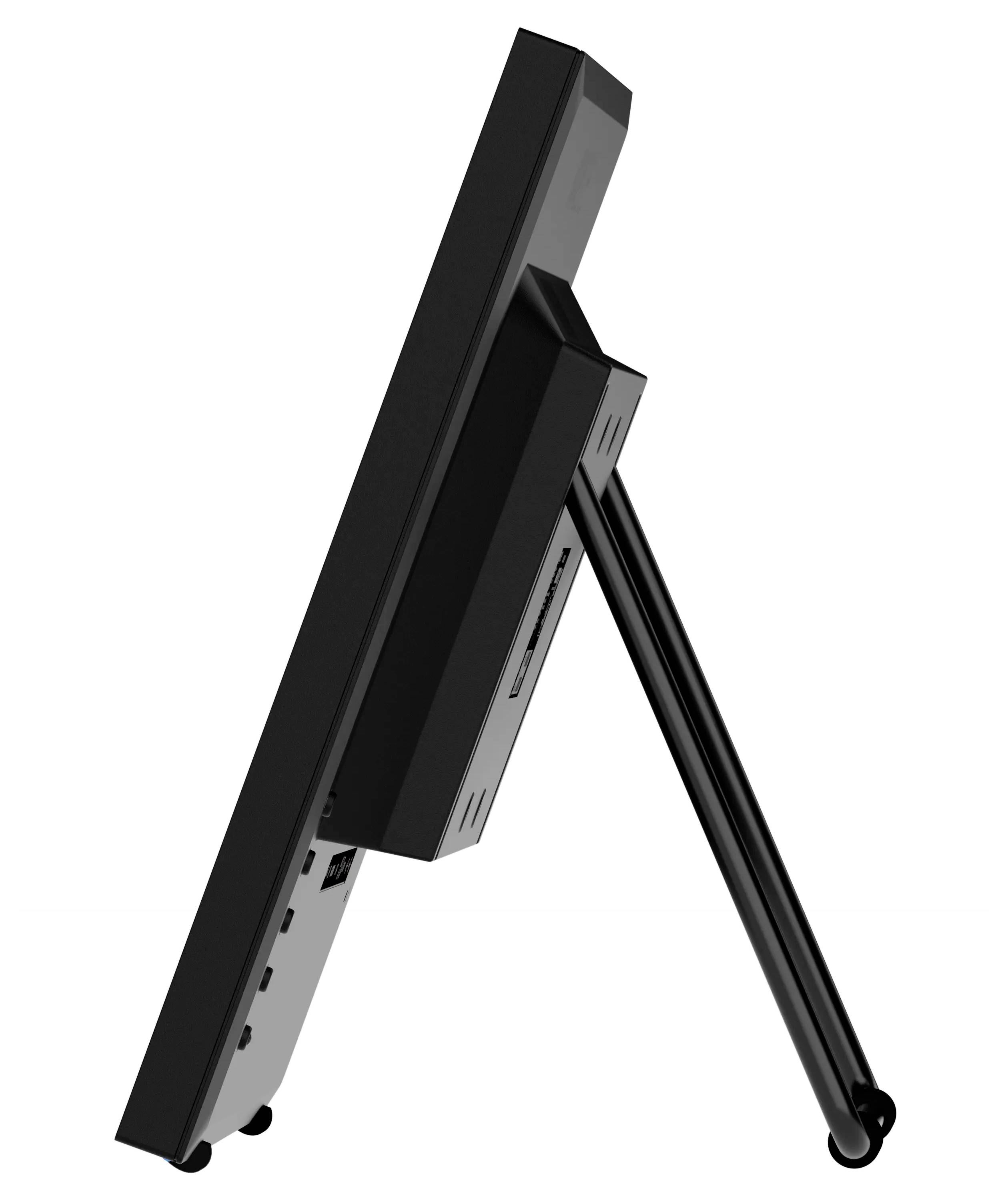 Eine Seitenansicht eines flachen Computermonitors auf einem Ständer, der Anschlüsse und ein schlankes schwarzes Design zeigt.