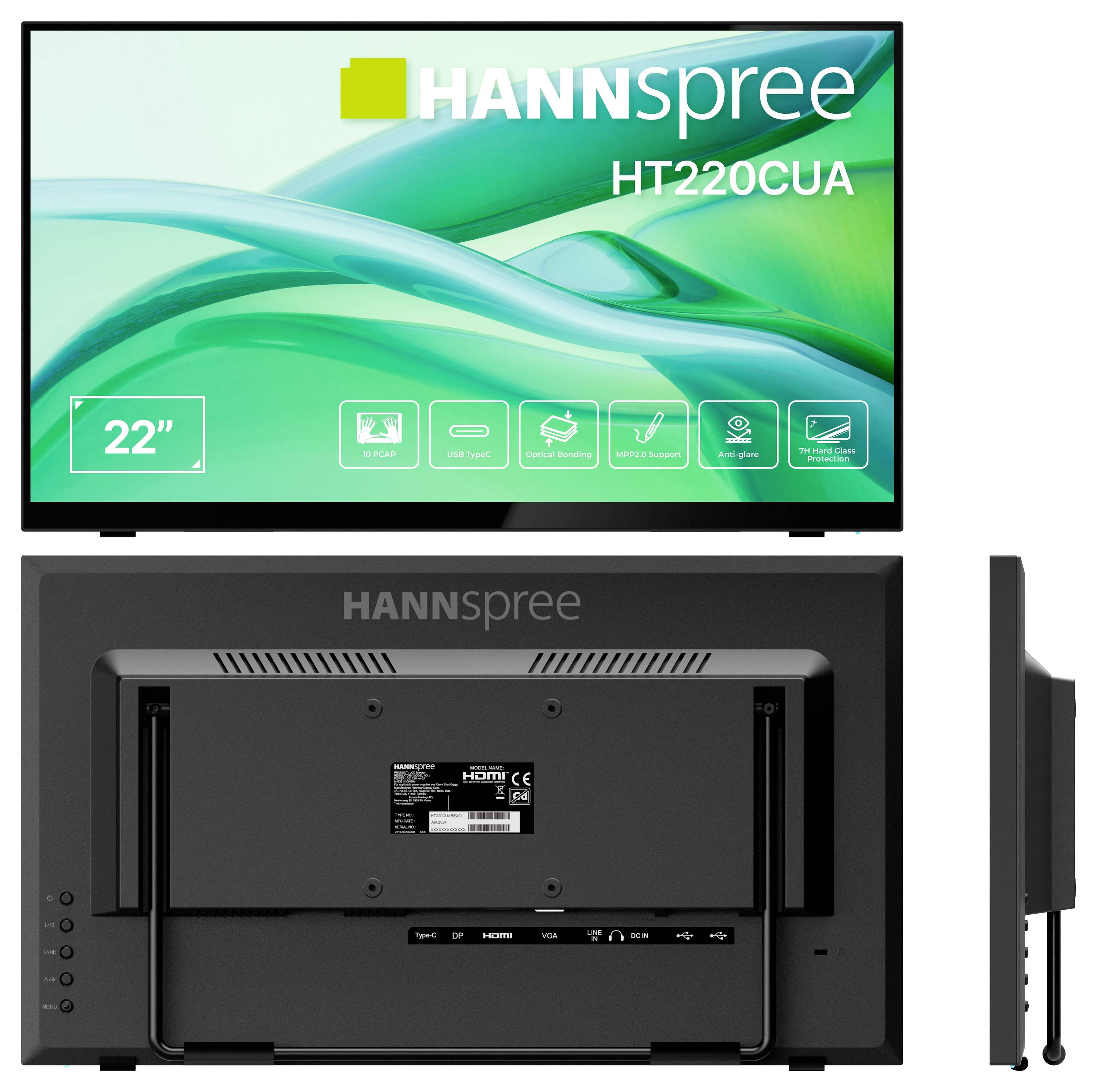 'HANNspree HT220CUA' Monitor, Vorder- und Rückansicht. Merkmale umfassen 22