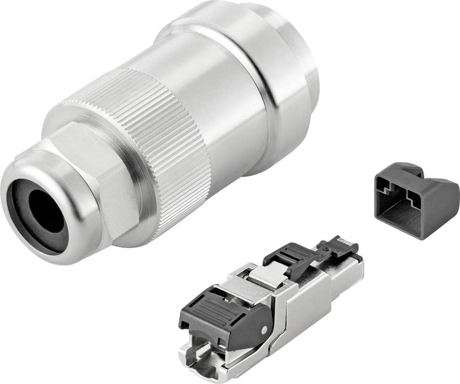 Eine silberfarbene metallische Kabelverschraubung, ein RJ45-Stecker mit schwarzen und silbernen Komponenten und eine kleine schwarze Plastikkappe werden gezeigt.